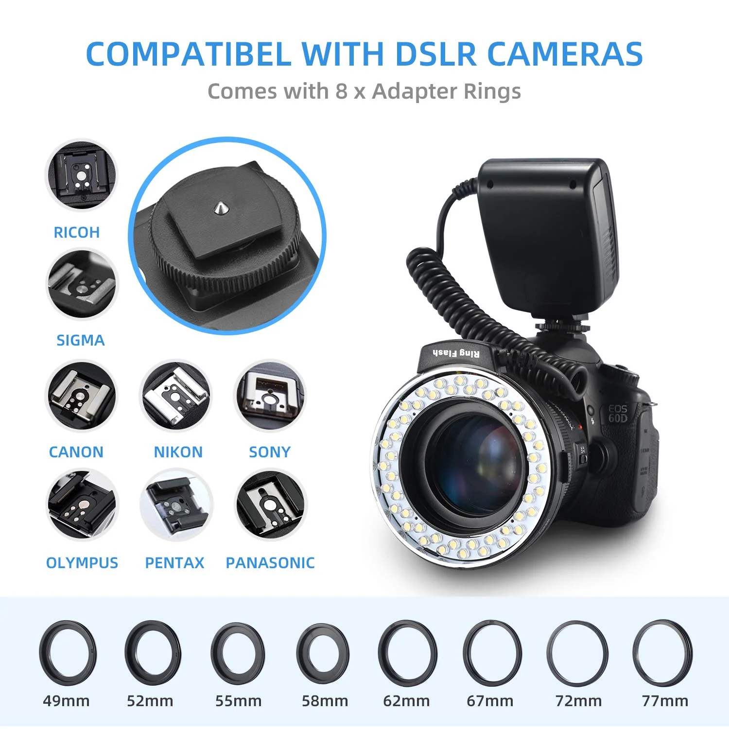 Ring Flash, Emiral 48 Macro LED Flash Light with LCD Display Power Control, Adapter Rings and Flash Diffuser for Canon, Nikon DSLR Cameras - Image 5