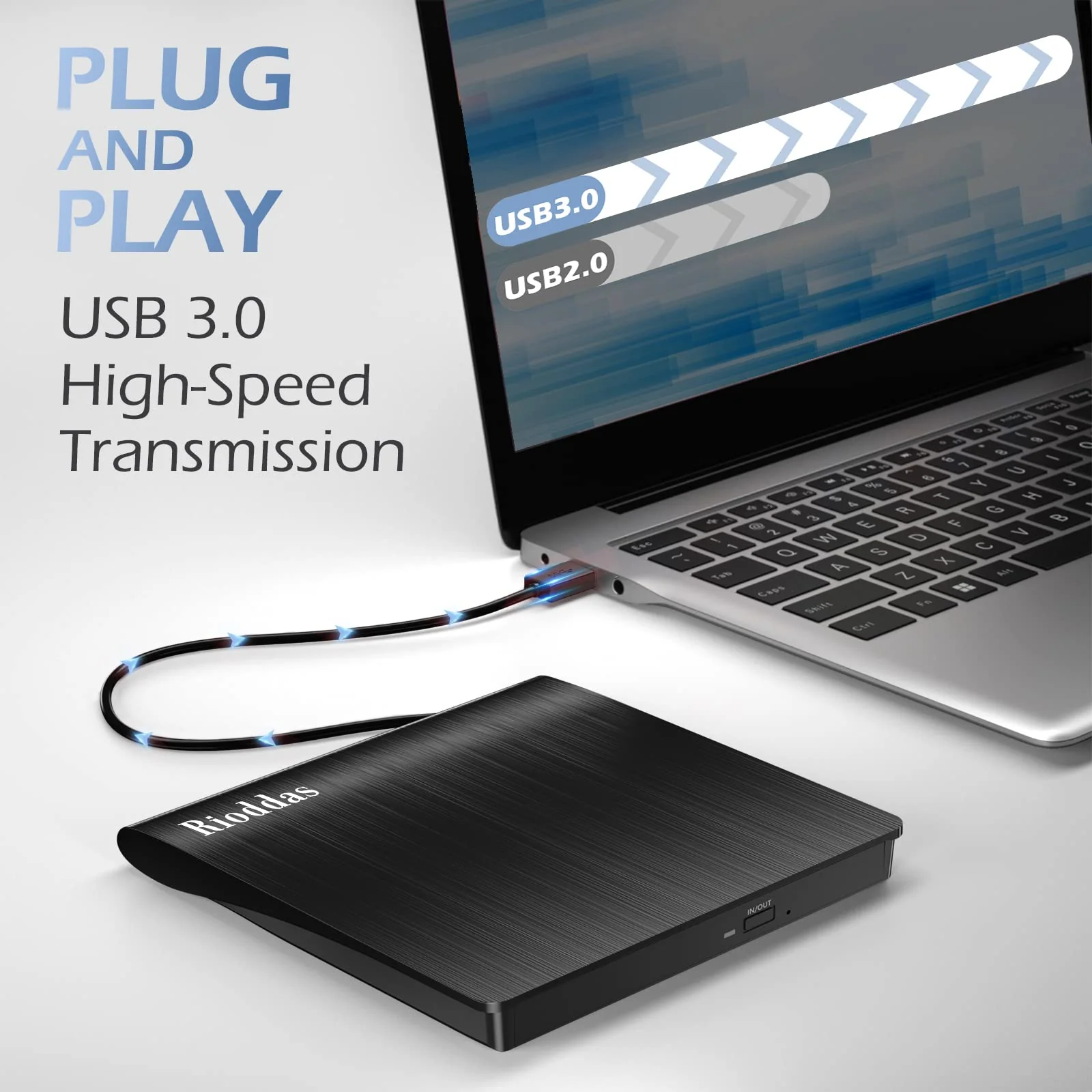 Rioddas External CD/DVD Drive for Laptop, USB 3.0 CD DVD Player Portable +/-RW Burner CD ROM Reader Writer Disk Duplicator Compatible with Laptop Desktop PC Windows Apple Mac Pro MacBook Linux USB 3.0 USB-A - Image 2