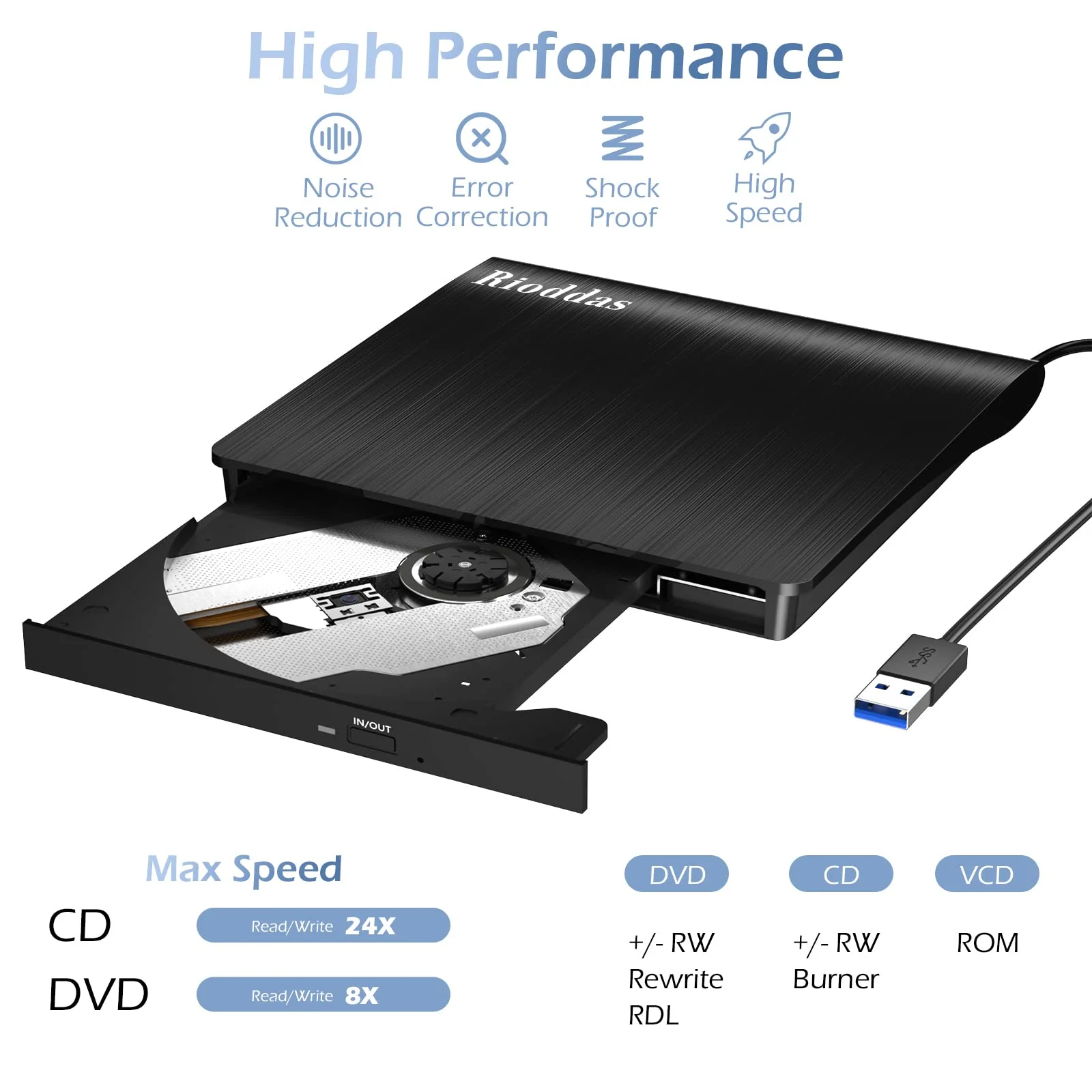 Rioddas External CD/DVD Drive for Laptop, USB 3.0 CD DVD Player Portable +/-RW Burner CD ROM Reader Writer Disk Duplicator Compatible with Laptop Desktop PC Windows Apple Mac Pro MacBook Linux USB 3.0 USB-A - Image 3