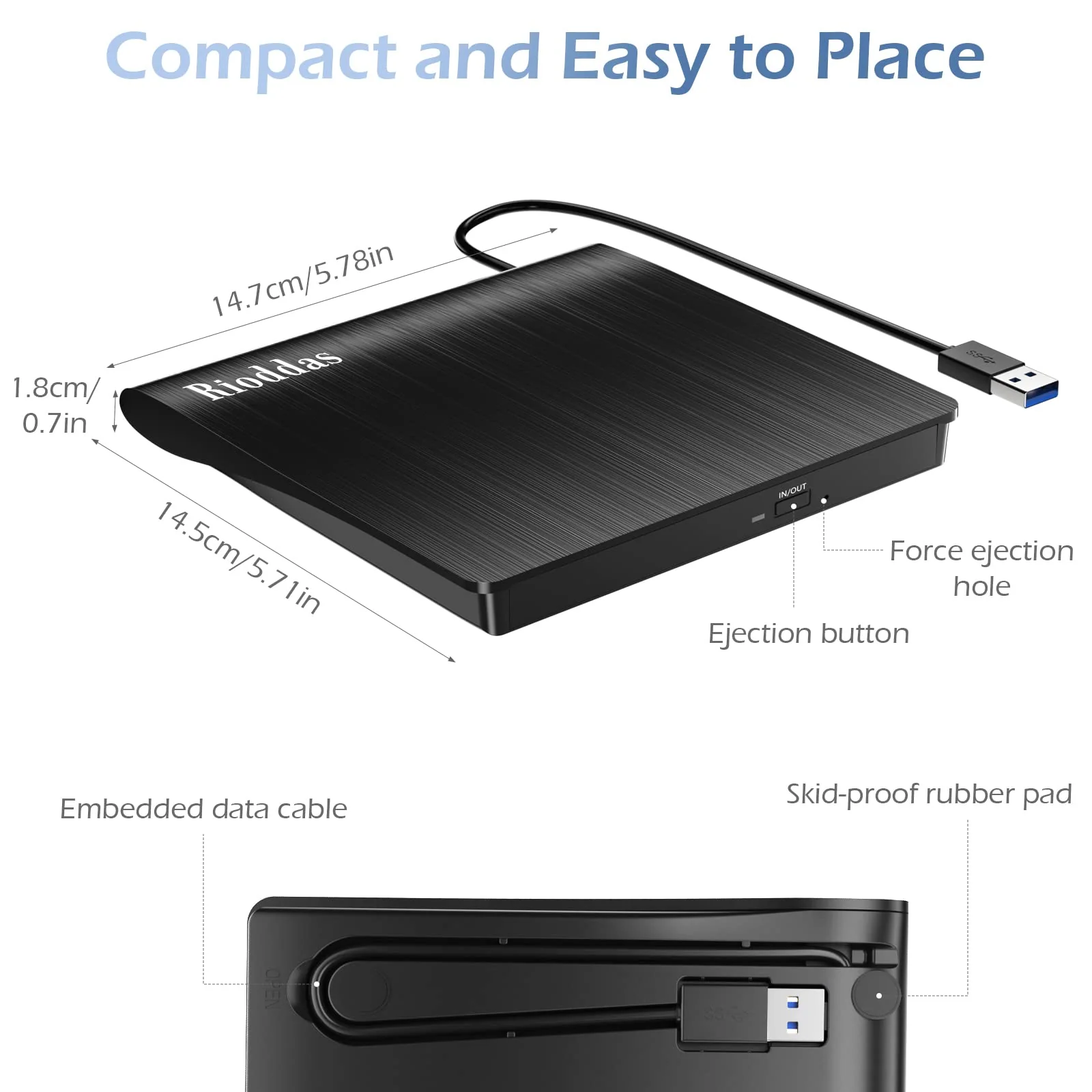 Rioddas External CD/DVD Drive for Laptop, USB 3.0 CD DVD Player Portable +/-RW Burner CD ROM Reader Writer Disk Duplicator Compatible with Laptop Desktop PC Windows Apple Mac Pro MacBook Linux USB 3.0 USB-A - Image 6