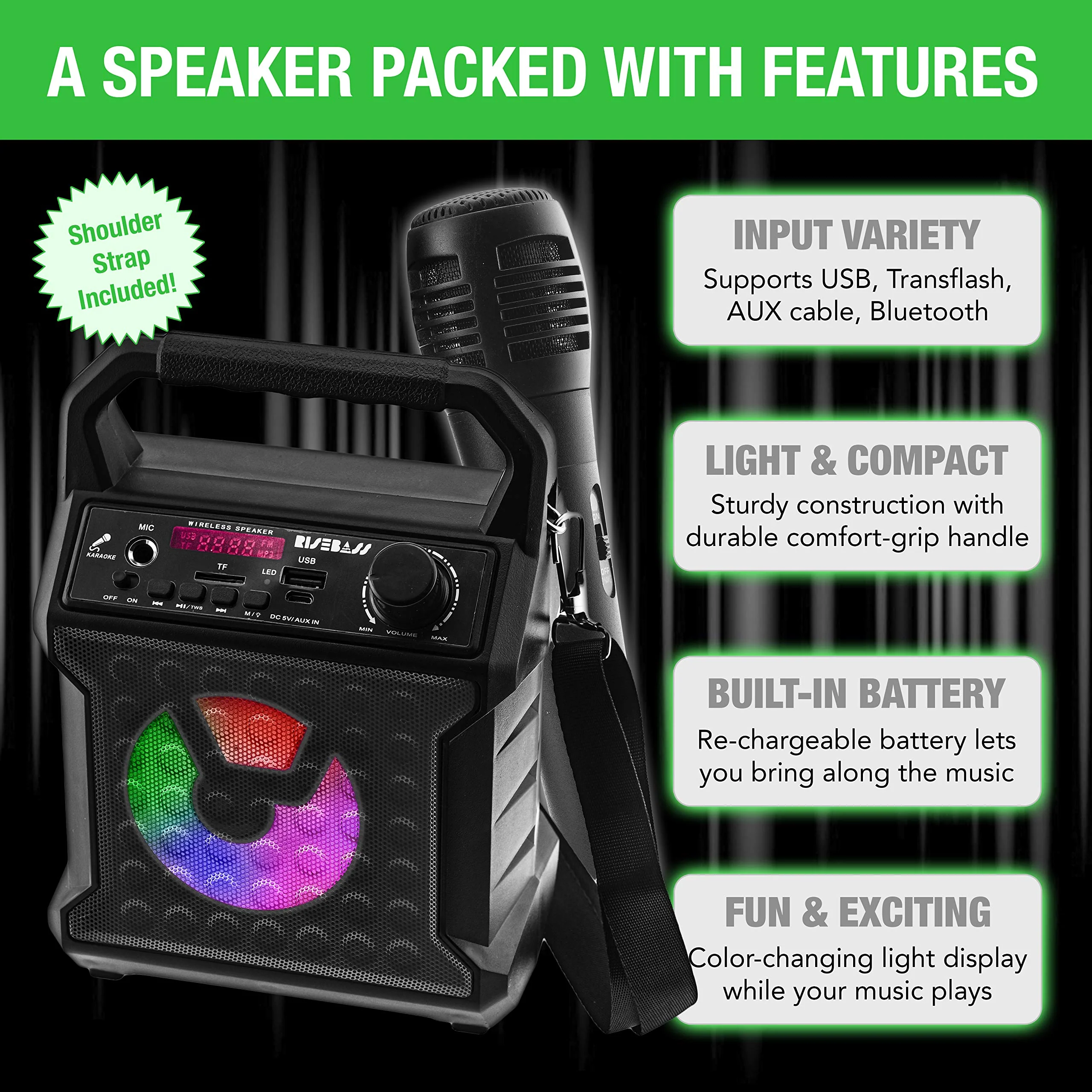 Risebass Portable Party Speaker with Microphone - Graduation Gifts - Bluetooth Outdoor Speaker with Sing Along Karaoke - Small and Loud with Bluetooth SD AUX and USB Outdoor and Indoor Black - Image 3