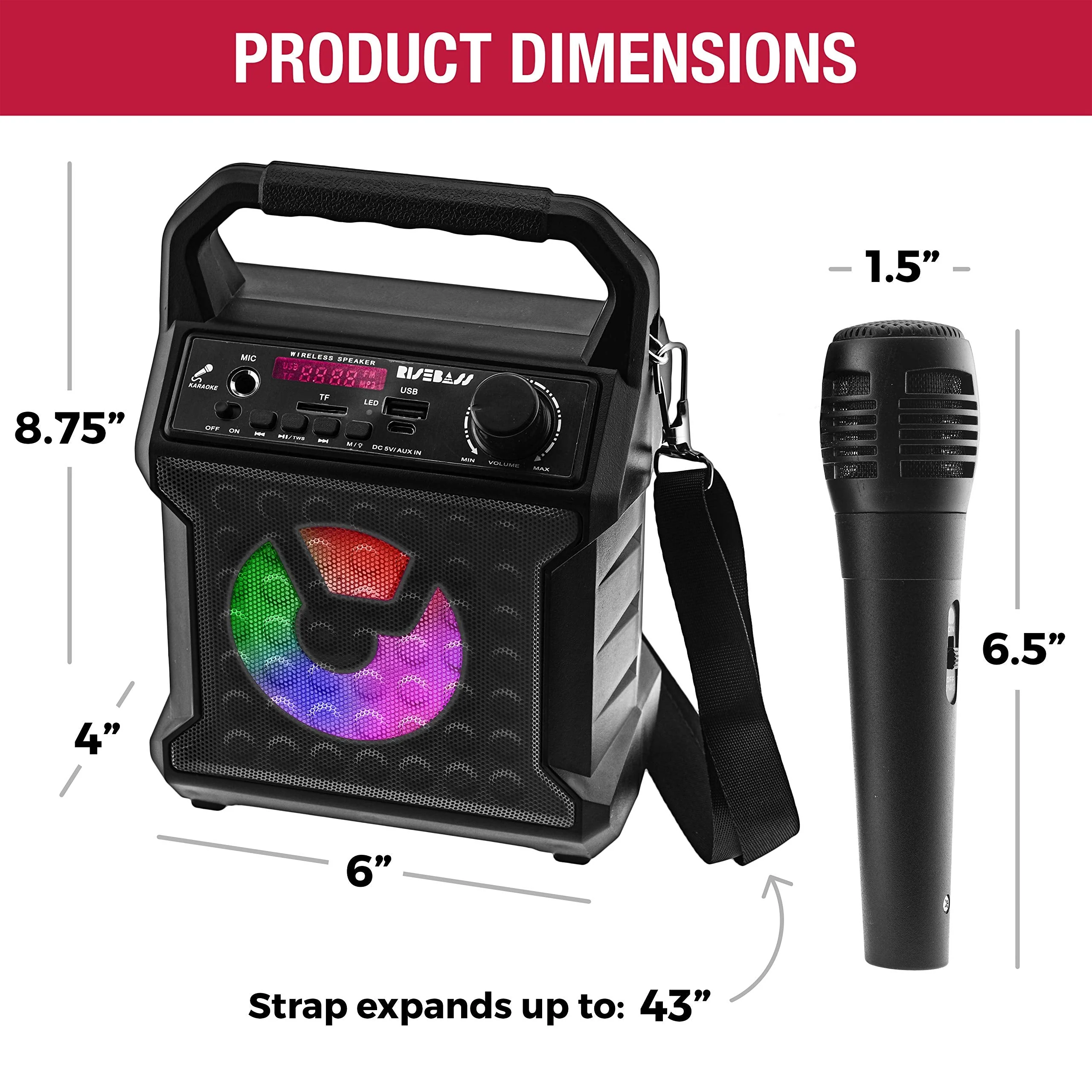 Risebass Portable Party Speaker with Microphone - Graduation Gifts - Bluetooth Outdoor Speaker with Sing Along Karaoke - Small and Loud with Bluetooth SD AUX and USB Outdoor and Indoor Black - Image 4