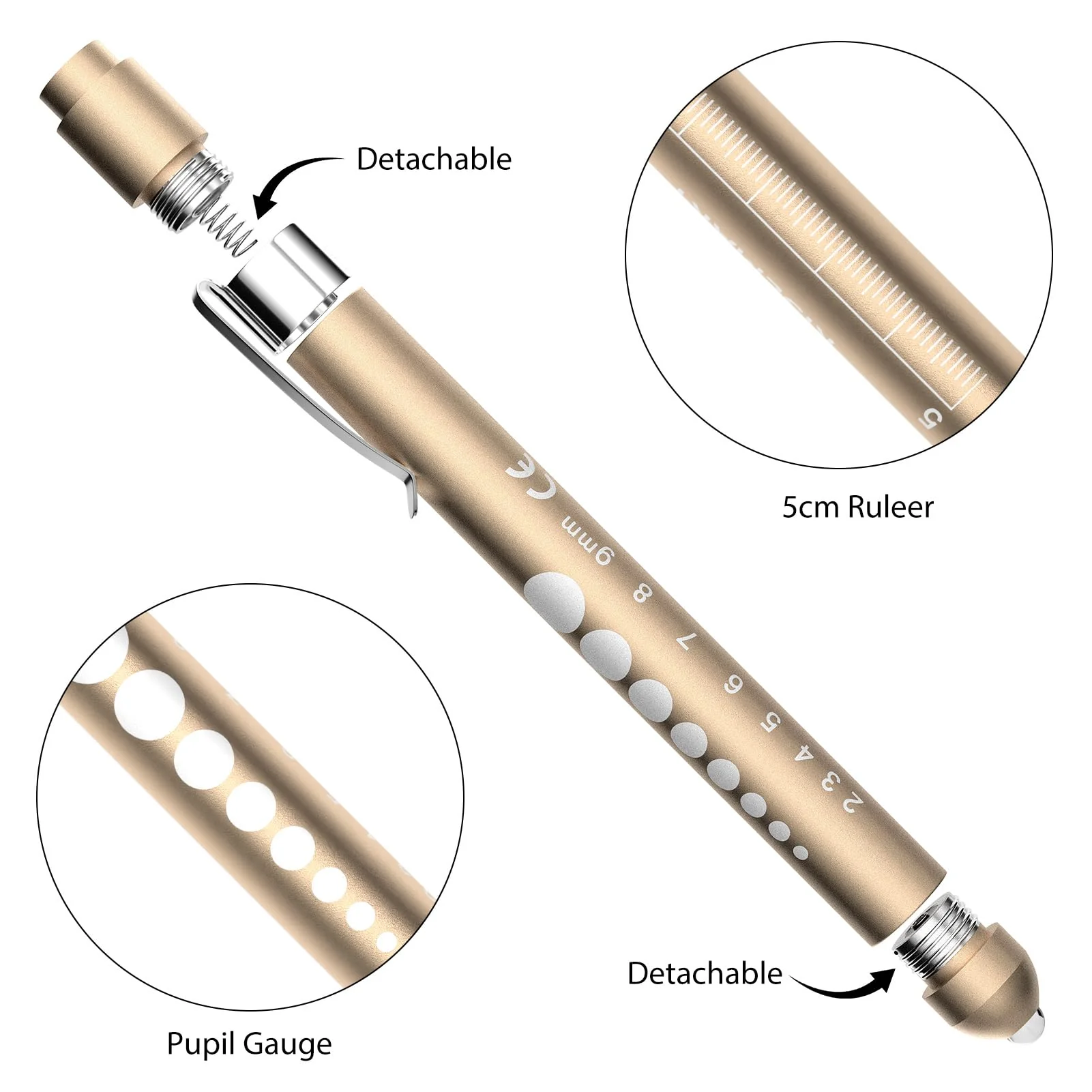 RISEMART Pupil Light, Diagnostic Light, Nurse Emergency Service Accessories with Pupil Meter and Ruler (Gold and White) Gold and White - Image 3