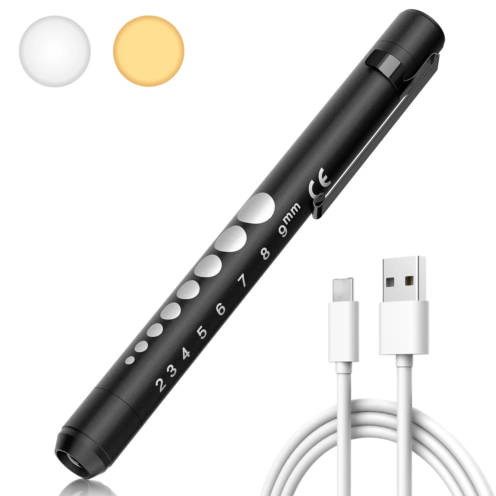 RISEMART Pupil Light Diagnostic Light with Pupil Meter and Ruler, Warm/Cool White, Rechargeable USB LED Pen Lamp for Nurses, Students, Doctors (Black) black - Image 2