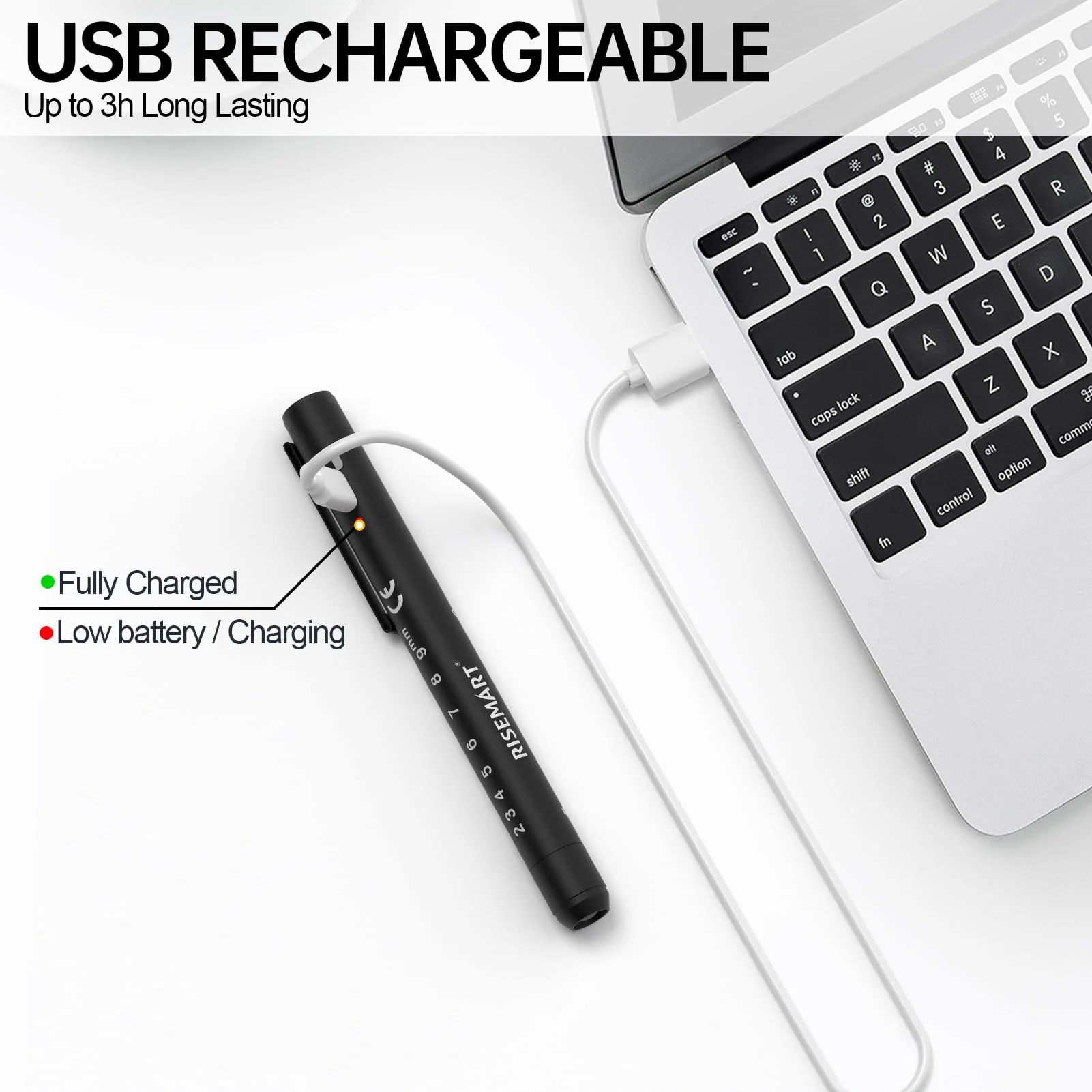 RISEMART Pupil Light Diagnostic Light with Pupil Meter and Ruler, Warm/Cool White, Rechargeable USB LED Pen Lamp for Nurses, Students, Doctors (Black) black - Image 3