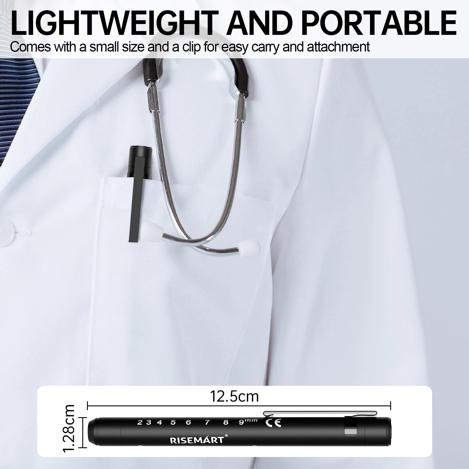 RISEMART Pupil Light Diagnostic Light with Pupil Meter and Ruler, Warm/Cool White, Rechargeable USB LED Pen Lamp for Nurses, Students, Doctors (Black) black - Image 6