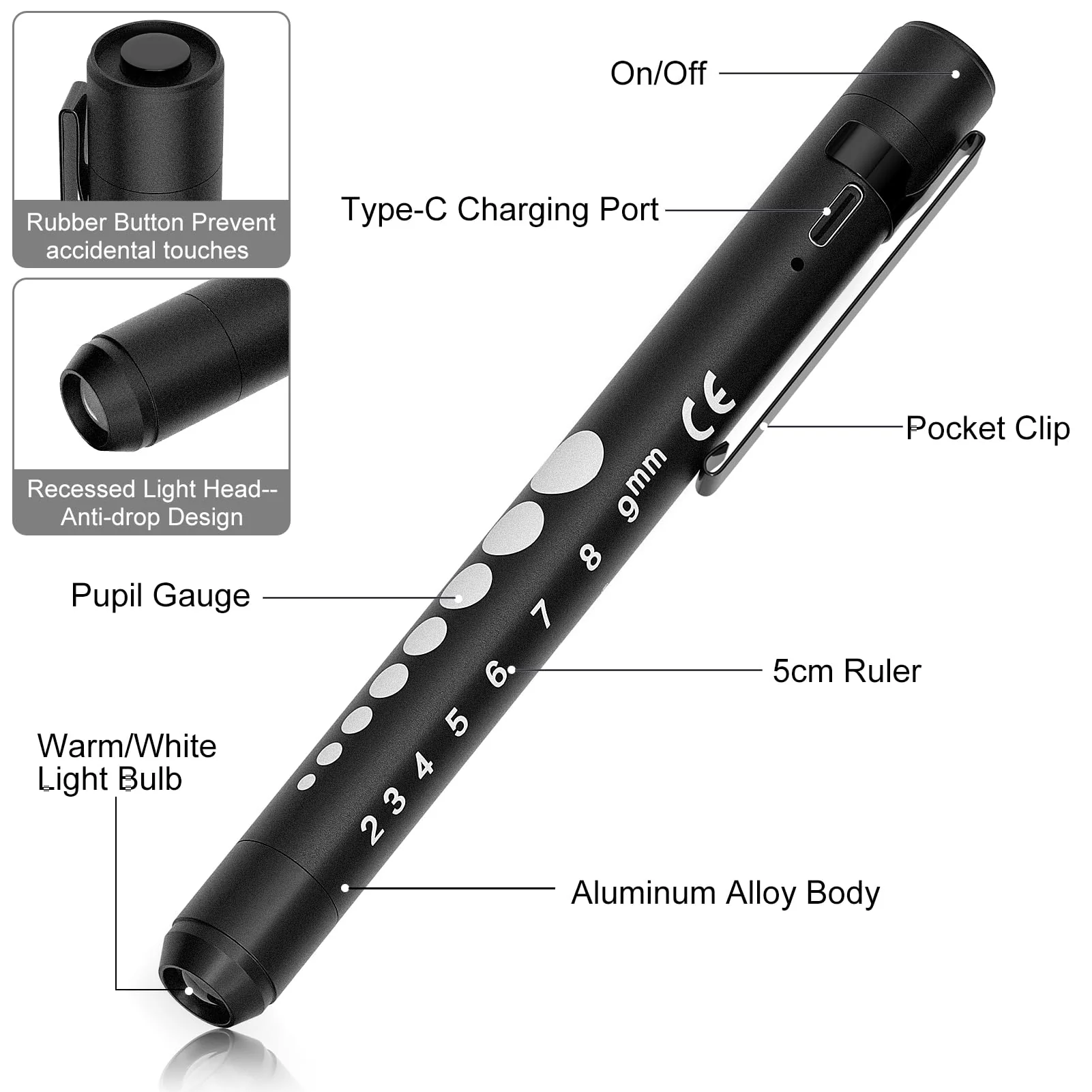 RISEMART Pupil Light Diagnostic Light with Pupil Meter and Ruler, Warm/Cool White, Rechargeable USB LED Pen Lamp for Nurses, Students, Doctors (Black) black - Image 7