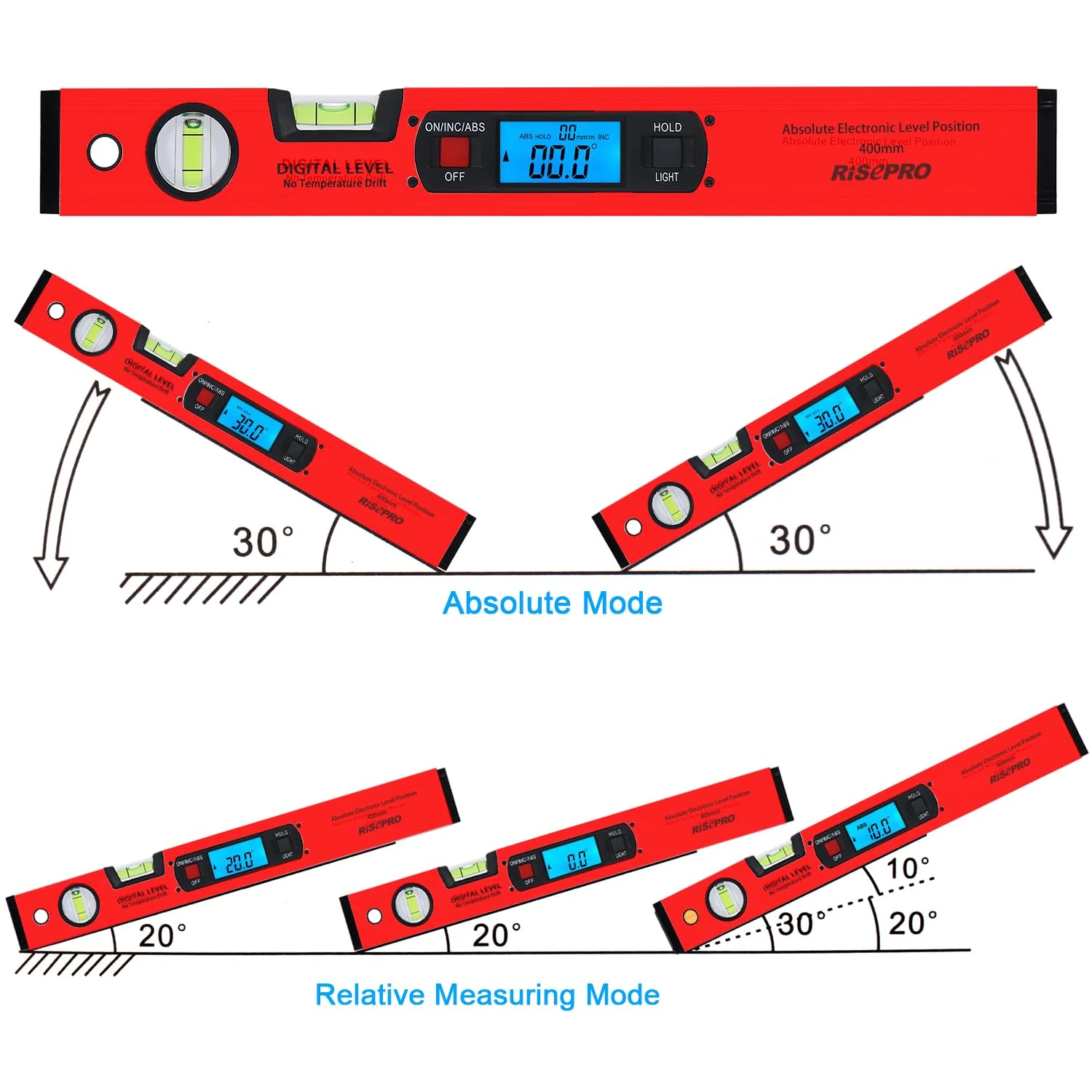 RISEPRO 42cm Digital Torpedo Level Inclinometer Angle Finder Gauge Spirit Level Magnetic Base Backlight Red - Image 4