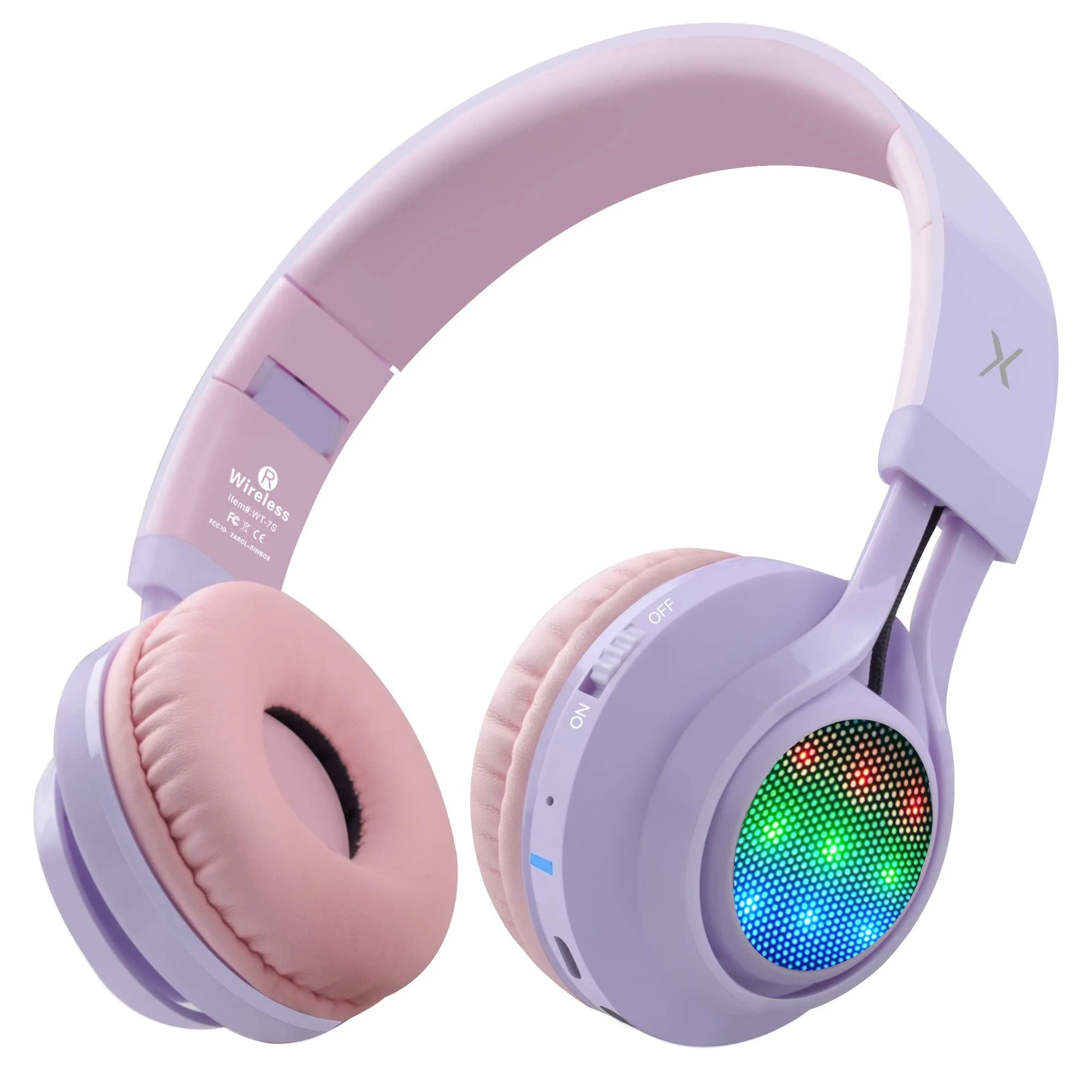 Riwbox WT-7S Kids Bluetooth Headphones Light Up, Foldable Stero Wireless Headset,with Microphone and Volume Control,Comfortable and Durable,for PC/Tablet/TV/Travel(Purple) Purple Adjustable to fit the head shape Minimalist - Image 2