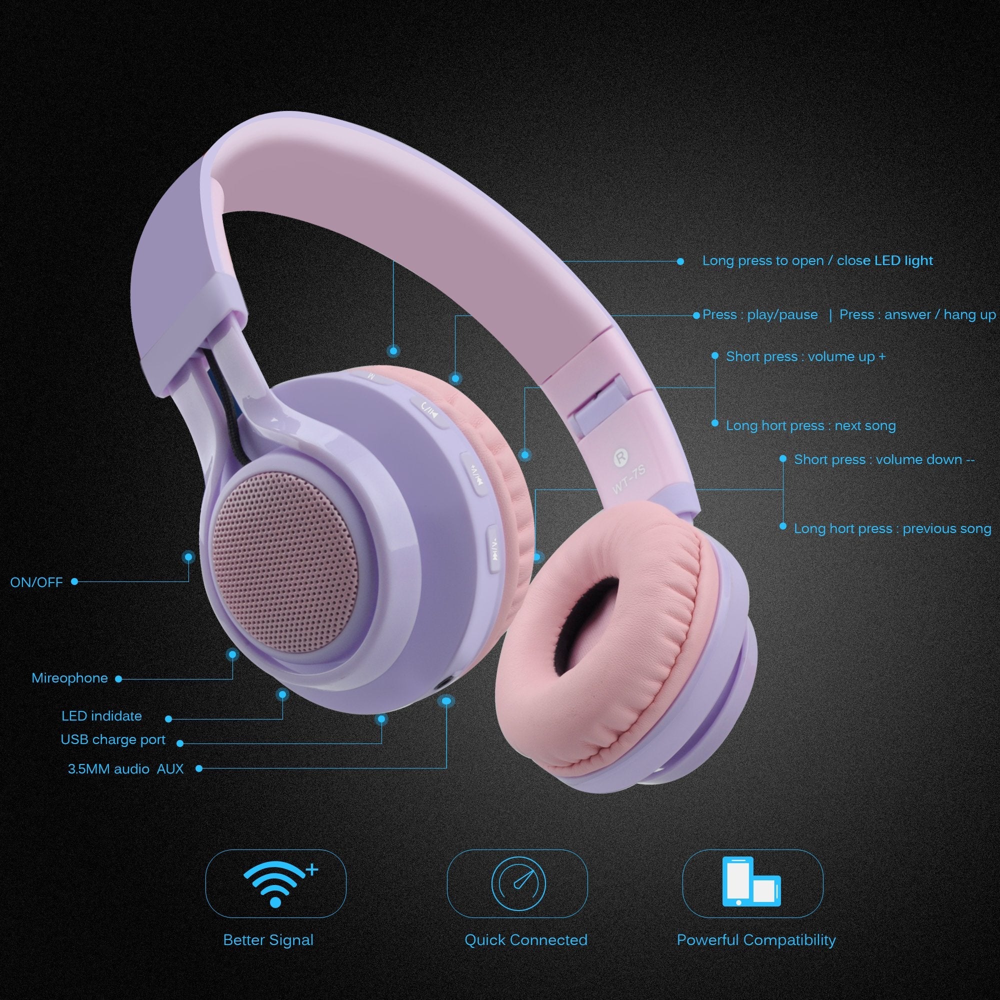 Riwbox WT-7S Kids Bluetooth Headphones Light Up, Foldable Stero Wireless Headset,with Microphone and Volume Control,Comfortable and Durable,for PC/Tablet/TV/Travel(Purple) Purple Adjustable to fit the head shape Minimalist - Image 3