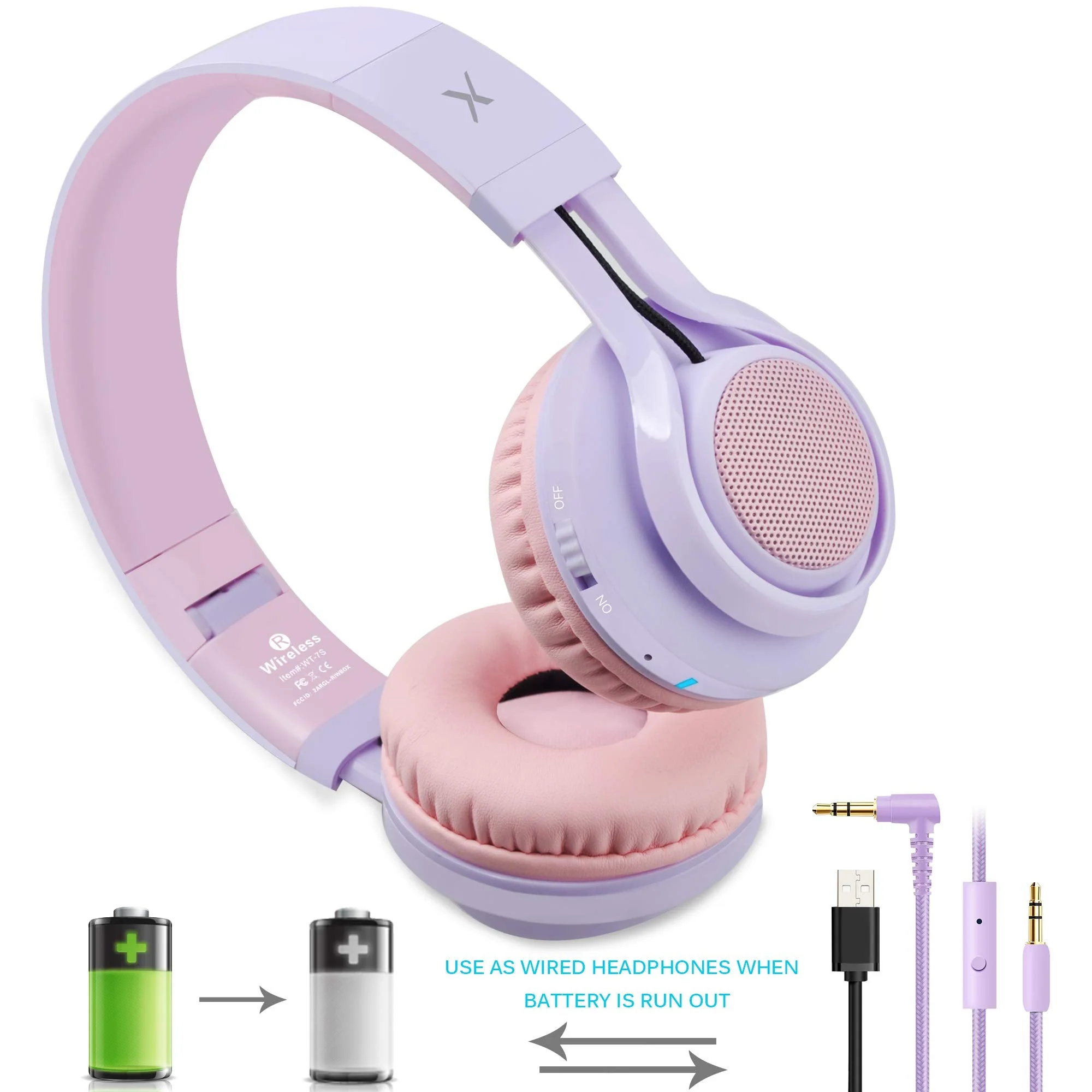 Riwbox WT-7S Kids Bluetooth Headphones Light Up, Foldable Stero Wireless Headset,with Microphone and Volume Control,Comfortable and Durable,for PC/Tablet/TV/Travel(Purple) Purple Adjustable to fit the head shape Minimalist - Image 4