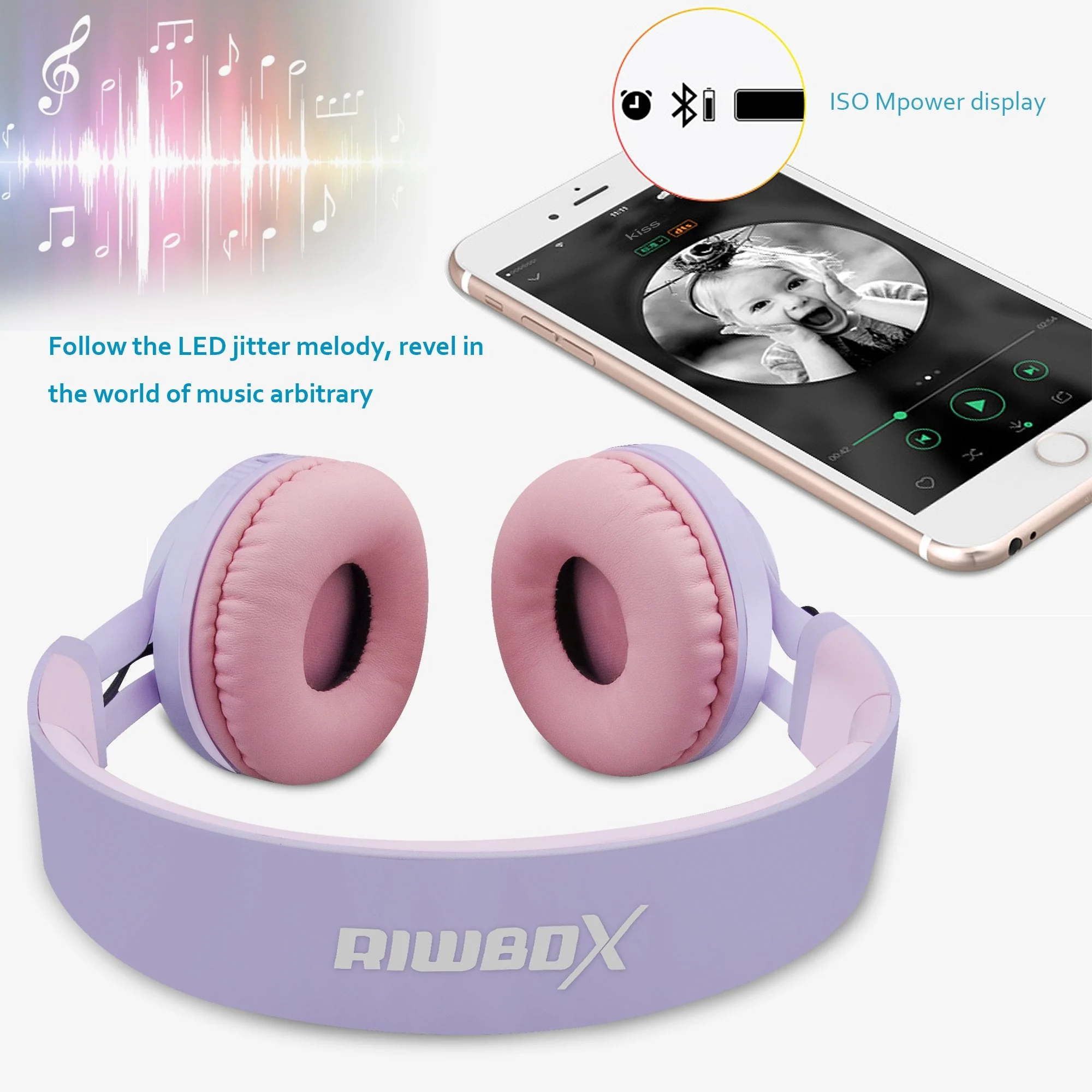 Riwbox WT-7S Kids Bluetooth Headphones Light Up, Foldable Stero Wireless Headset,with Microphone and Volume Control,Comfortable and Durable,for PC/Tablet/TV/Travel(Purple) Purple Adjustable to fit the head shape Minimalist - Image 5