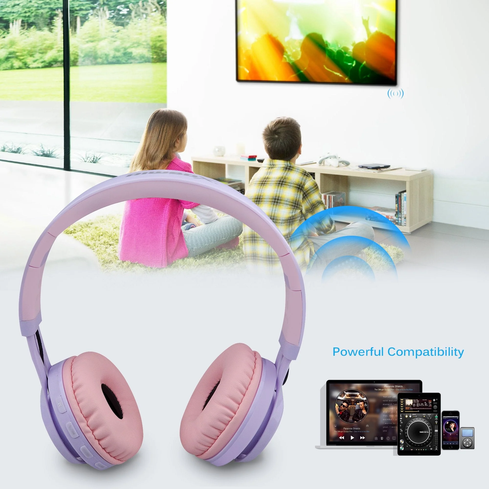 Riwbox WT-7S Kids Bluetooth Headphones Light Up, Foldable Stero Wireless Headset,with Microphone and Volume Control,Comfortable and Durable,for PC/Tablet/TV/Travel(Purple) Purple Adjustable to fit the head shape Minimalist - Image 7