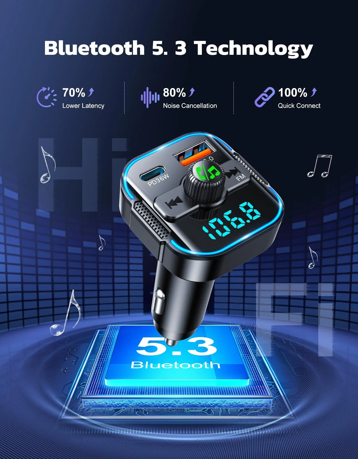 RIWUSI Bluetooth 5.3 Car Adapter【PD 36W+QC3.0 18W】, 2-in-1 FM Bluetooth Transmitter 【Dual Stronger Mics】& Fast Car Charger, Wireless FM Radio Adapter Hands-Free Calling, Siri Assistant, Black - Image 3