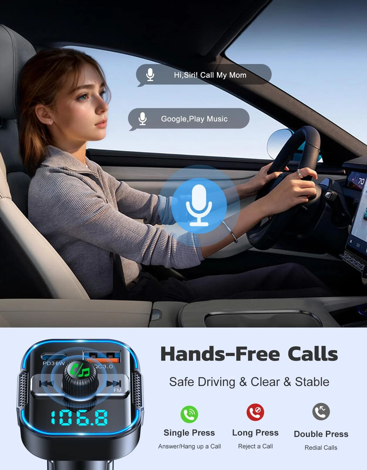 RIWUSI Bluetooth 5.3 Car Adapter【PD 36W+QC3.0 18W】, 2-in-1 FM Bluetooth Transmitter 【Dual Stronger Mics】& Fast Car Charger, Wireless FM Radio Adapter Hands-Free Calling, Siri Assistant, Black - Image 5