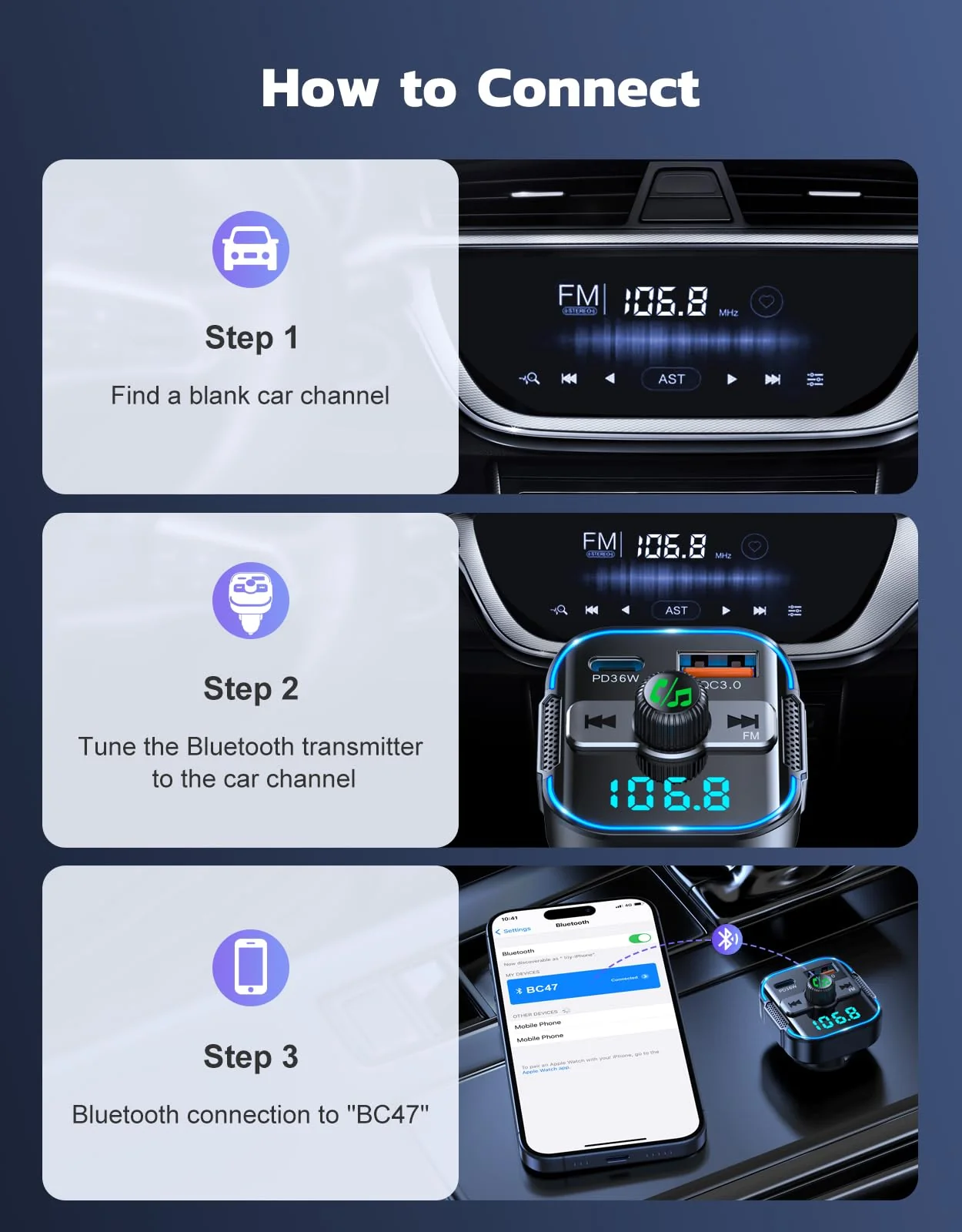 RIWUSI Bluetooth 5.3 Car Adapter【PD 36W+QC3.0 18W】, 2-in-1 FM Bluetooth Transmitter 【Dual Stronger Mics】& Fast Car Charger, Wireless FM Radio Adapter Hands-Free Calling, Siri Assistant, Black - Image 7