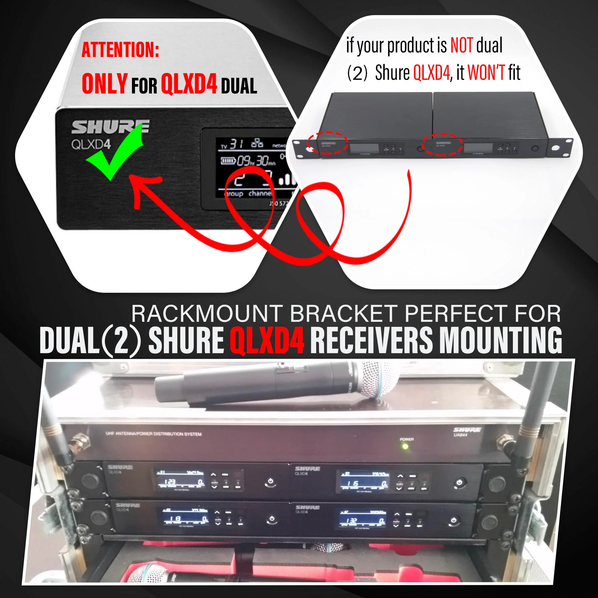 RK Rackmount Bracket Kit fit for QLXD4 Dual (2) Receivers Wireless System Mount on 1U Standard 19'' Rack Distribution - Image 2