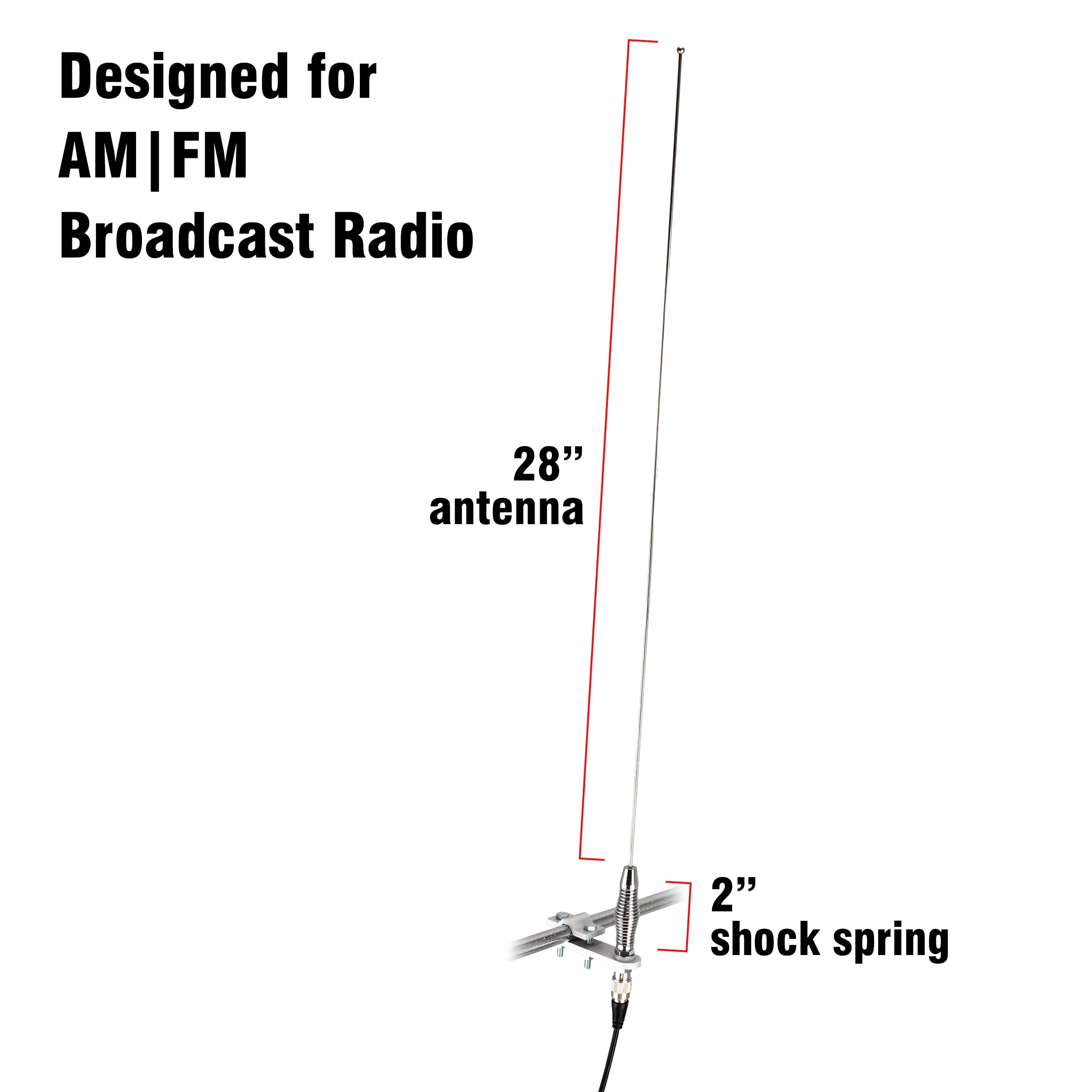 RoadPro (RP-557) 28" AM/FM Mirror Mount Stainless Steel Antenna Kit with 2" Shock Spring - Image 2