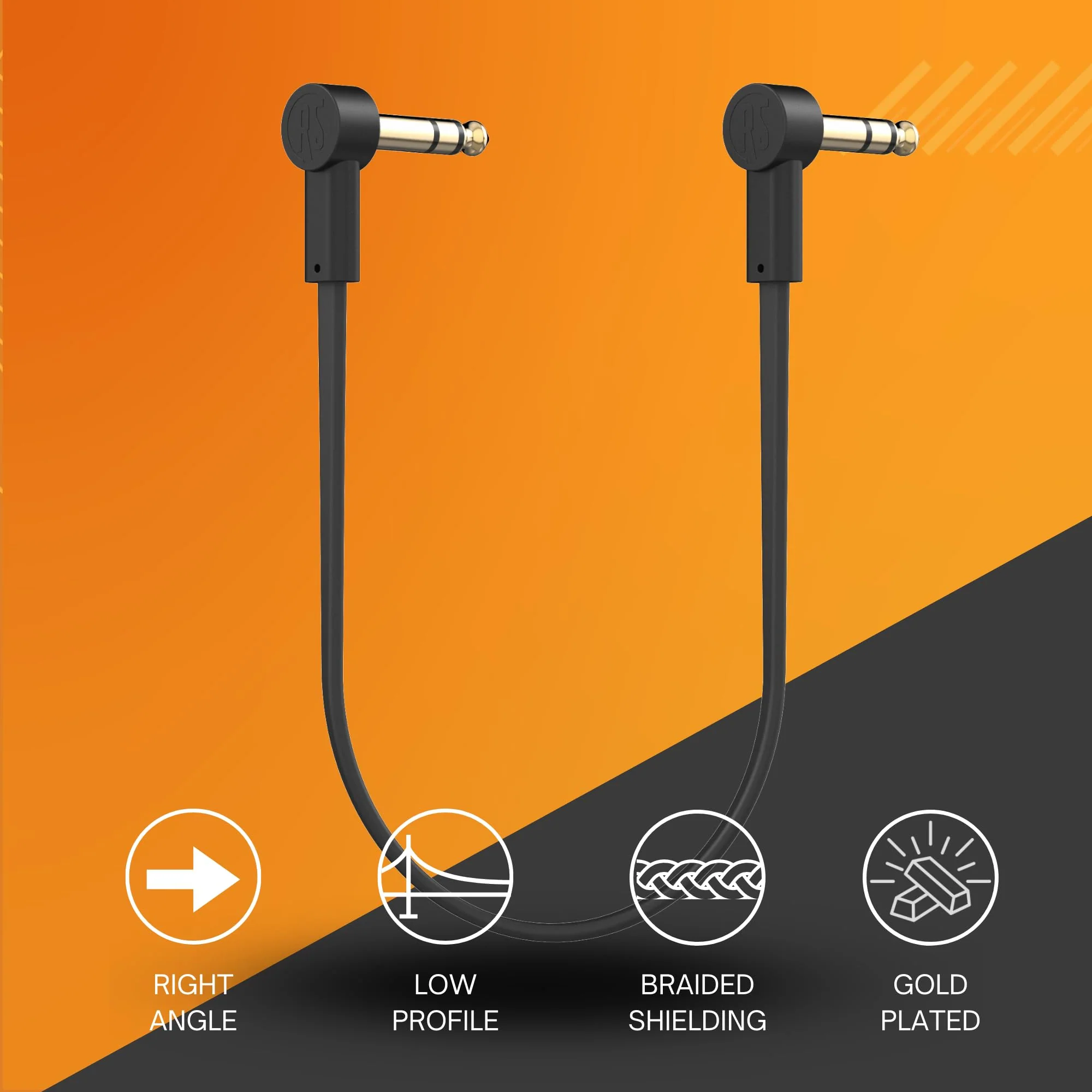 Rock Stock 1/4" Stereo TRS Flat Patch Cables - 12" Ultra-Thin, Right Angle, Low Profile, Gold Plated, Braided Shielding - Maximize Pedalboard Space, Eliminate Noise, Connect Guitar Effects Pedals 12 Inches (1 Foot) - Image 2