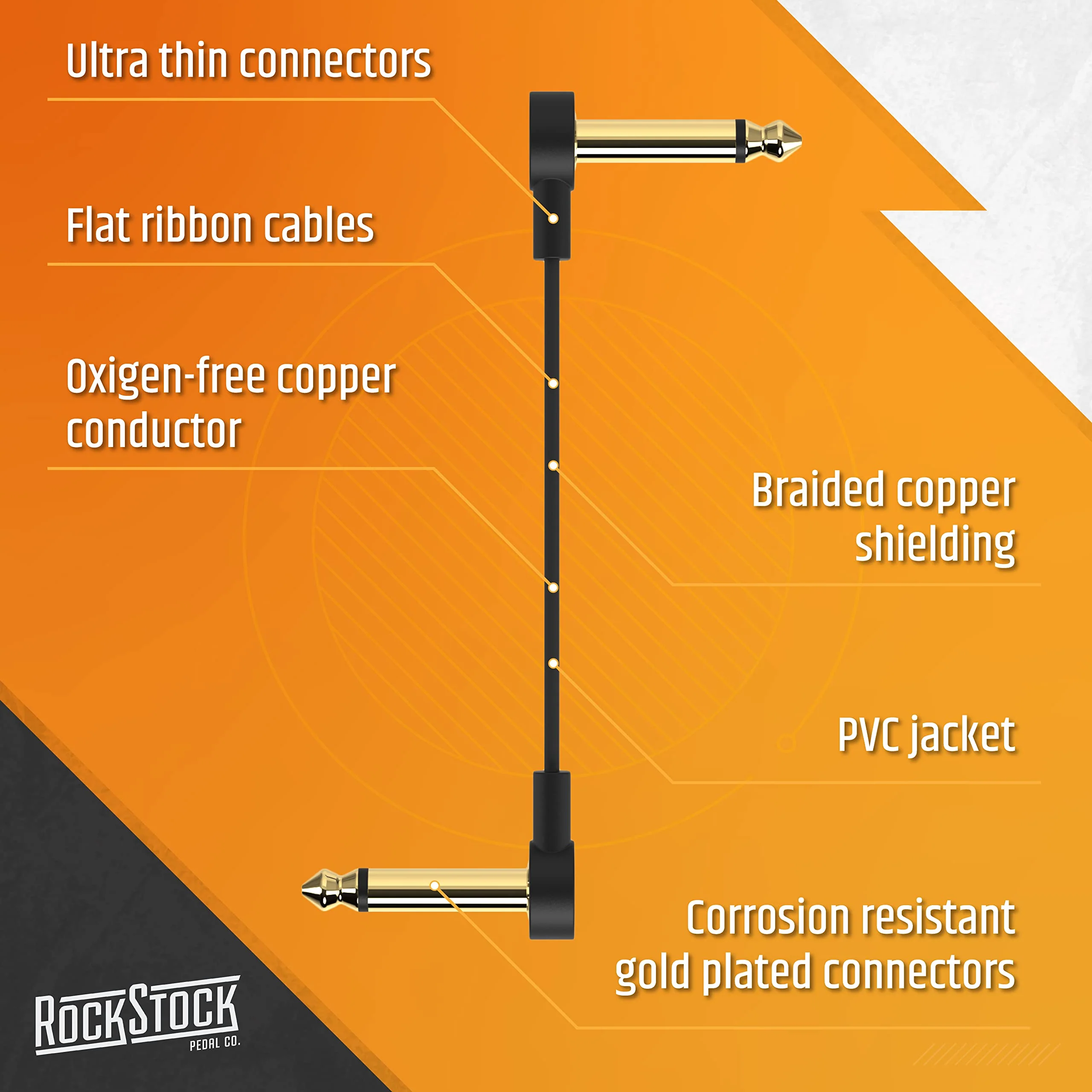 Rock Stock Guitar Flat Patch Cables (Pack of 3) - 12 Inch S-Shape Ultra-Thin Effect Guitar Pedal Patch Cables - Right-Angle, Black with Durable Gold Plated Connectors, Maximize Pedalboard Space 12 Inches - Image 4