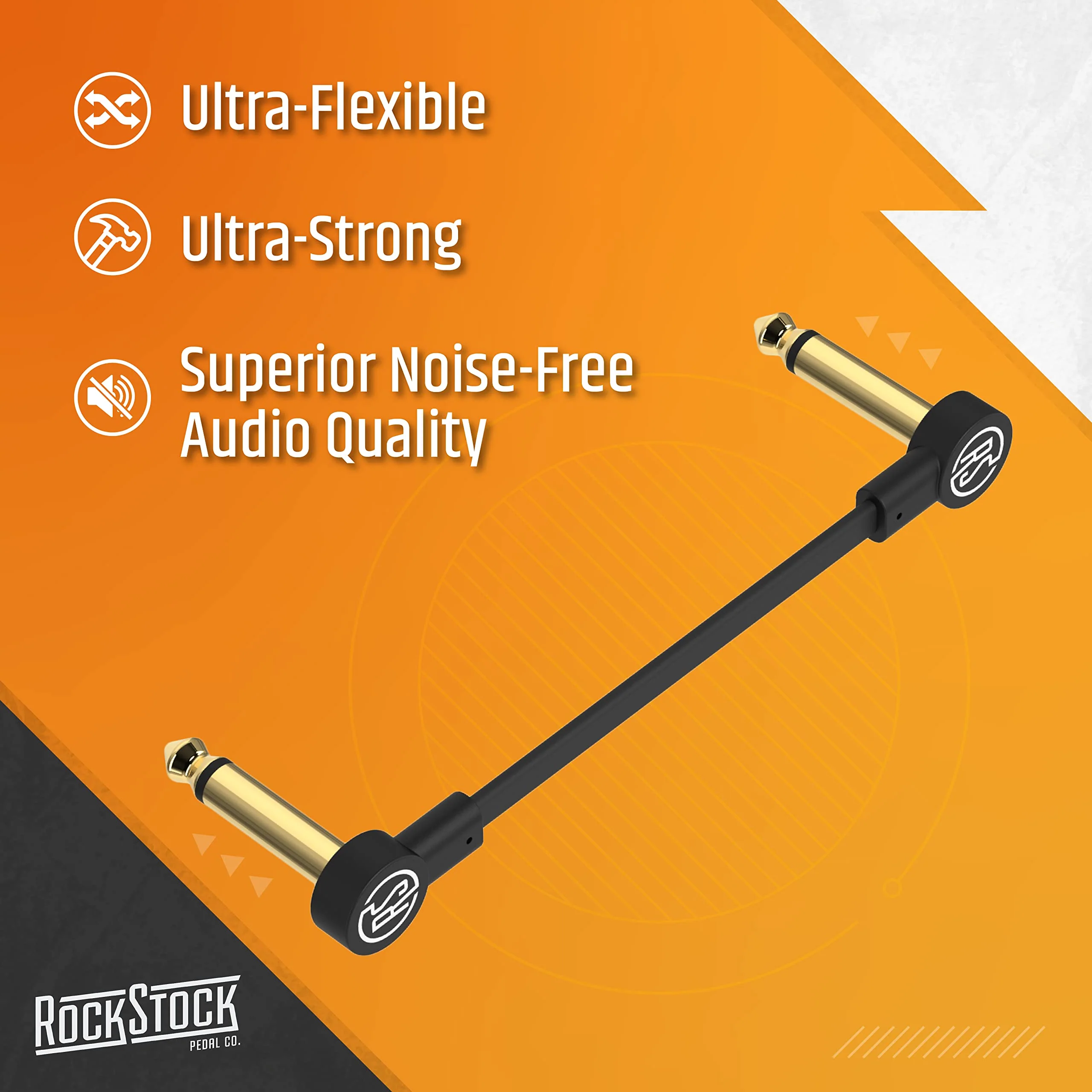 Rock Stock Guitar Flat Patch Cables (Pack of 3) - 6 Inch C-Shape Ultra-Thin Effect Guitar Pedal Patch Cables - Right-Angle, Black with Durable Gold Plated Connectors, Maximize Pedalboard Space 6 Inches - Image 2