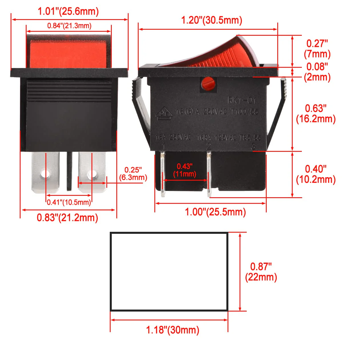Rocker Switch ON-Off DPST 4 Terminals Red Light 16A 250VAC 2Pack 2 - Image 2