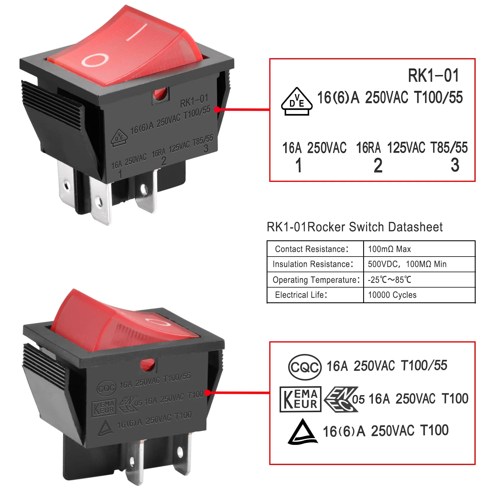 Rocker Switch ON-Off DPST 4 Terminals Red Light 16A 250VAC 2Pack 2 - Image 3