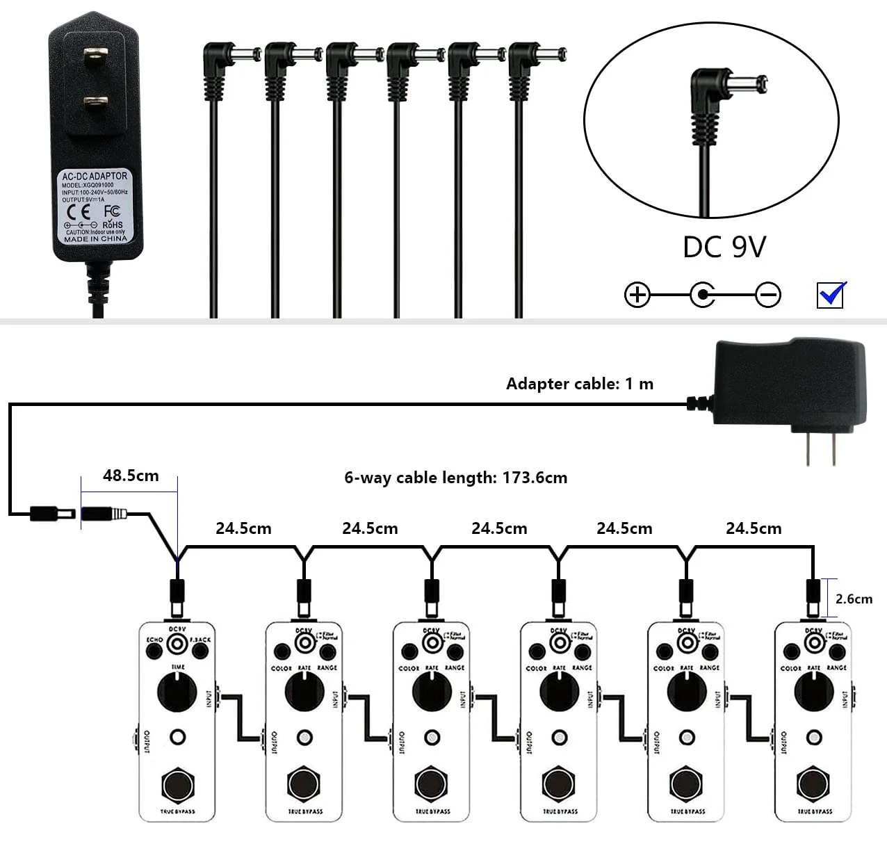 Rockhouse 9V DC 1A Guitar Pedal Power Supply Center Negative 9 Volt Adapter Power Cord with 6 Way Daisy Chain Cables for BOSS Guitar Effect Pedals - Image 3