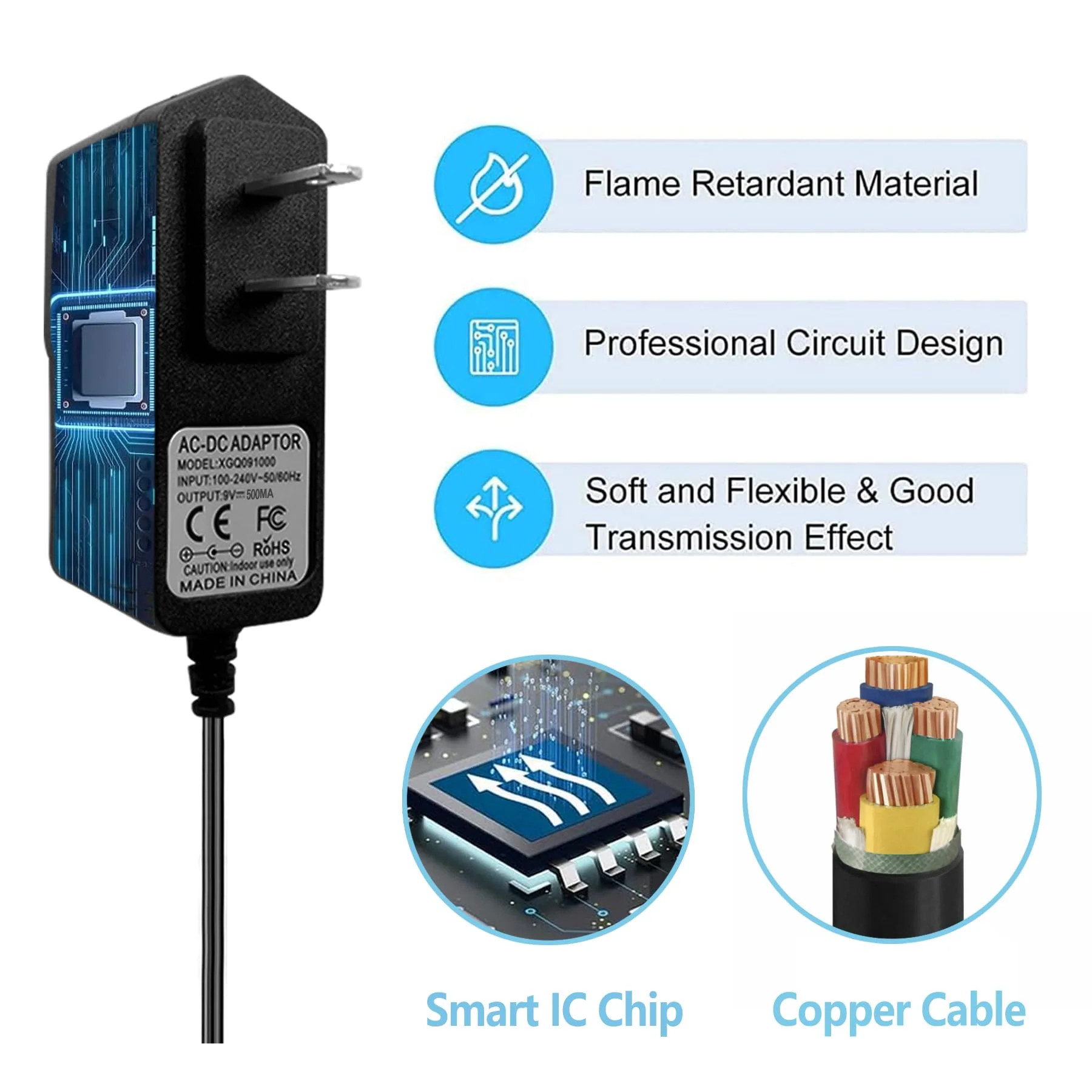Rockhouse 9V Power Supply for Guitar Pedals, AC DC Adapter for Most Musical Instruments, 500mA, Center Negative - Image 3