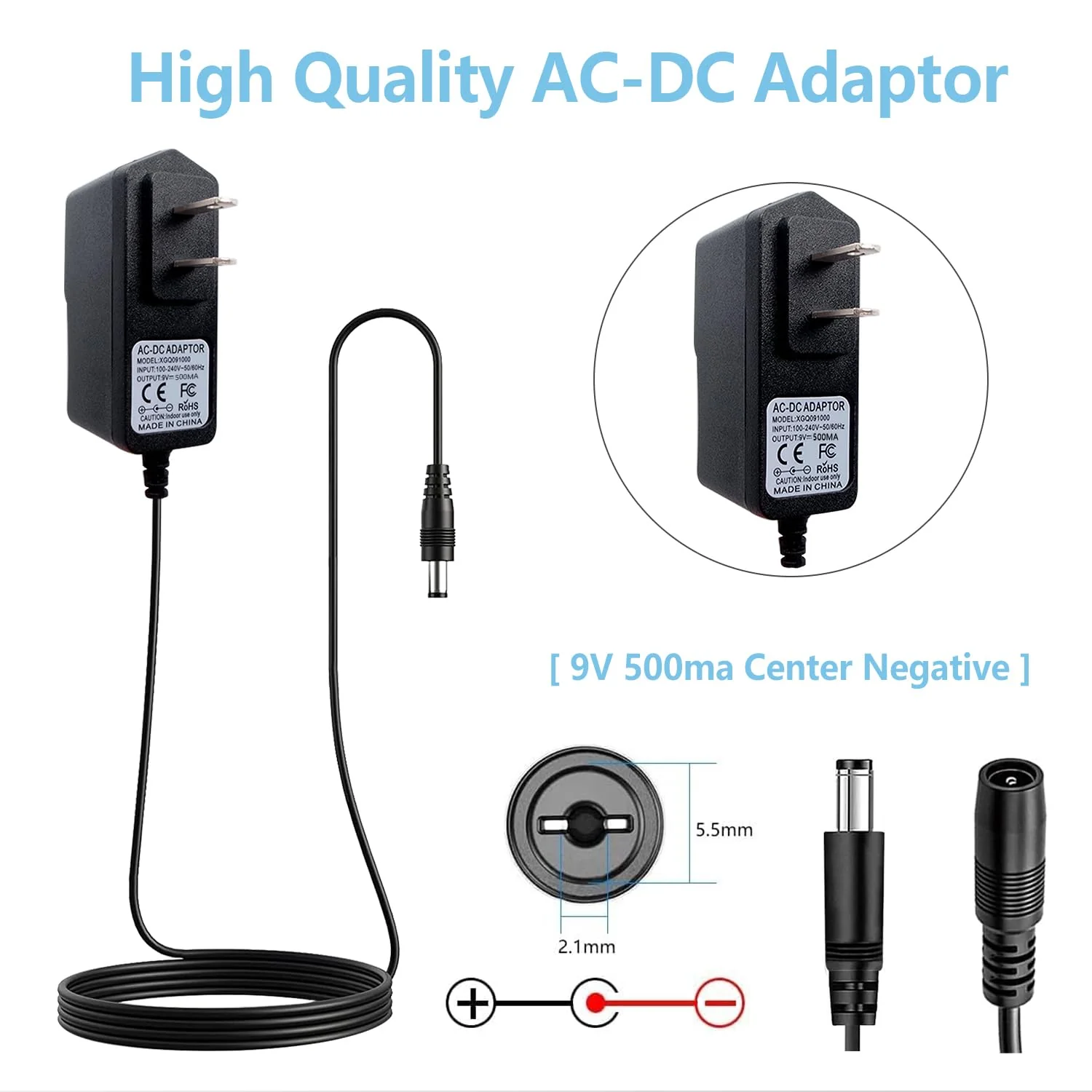 Rockhouse 9V Power Supply for Guitar Pedals, AC DC Adapter for Most Musical Instruments, 500mA, Center Negative - Image 4