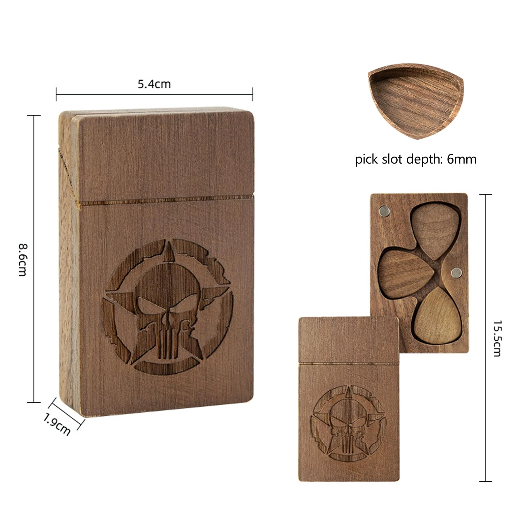 Rockhouse Wooden Guitar Pick Case Holder Storage Box Organizer with 3 Bonus Walnut Bass Picks for Guitar Players (Skull) Skull - Image 3