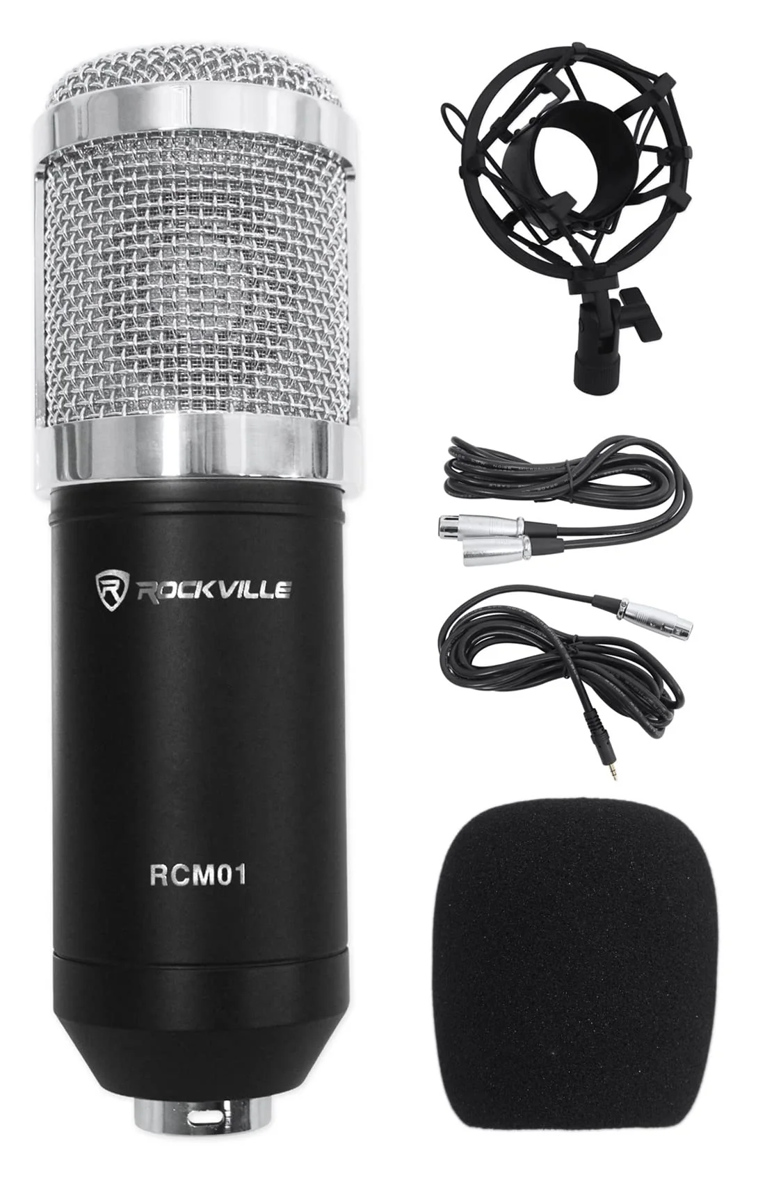 Rockville RCM01 Pro Studio Condenser Microphone, 200 Ohm, Cardioid Pattern, Metal Shock Mount, 30Hz-20kHz Frequency, XLR and 3.5mm Cables, for Vocals and Podcasting