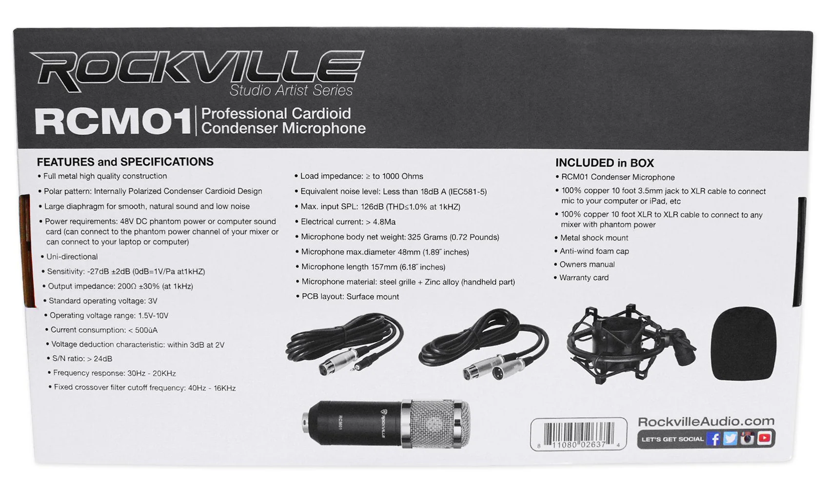 Rockville RCM01 Pro Studio Condenser Microphone, 200 Ohm, Cardioid Pattern, Metal Shock Mount, 30Hz-20kHz Frequency, XLR and 3.5mm Cables, for Vocals and Podcasting - Image 5