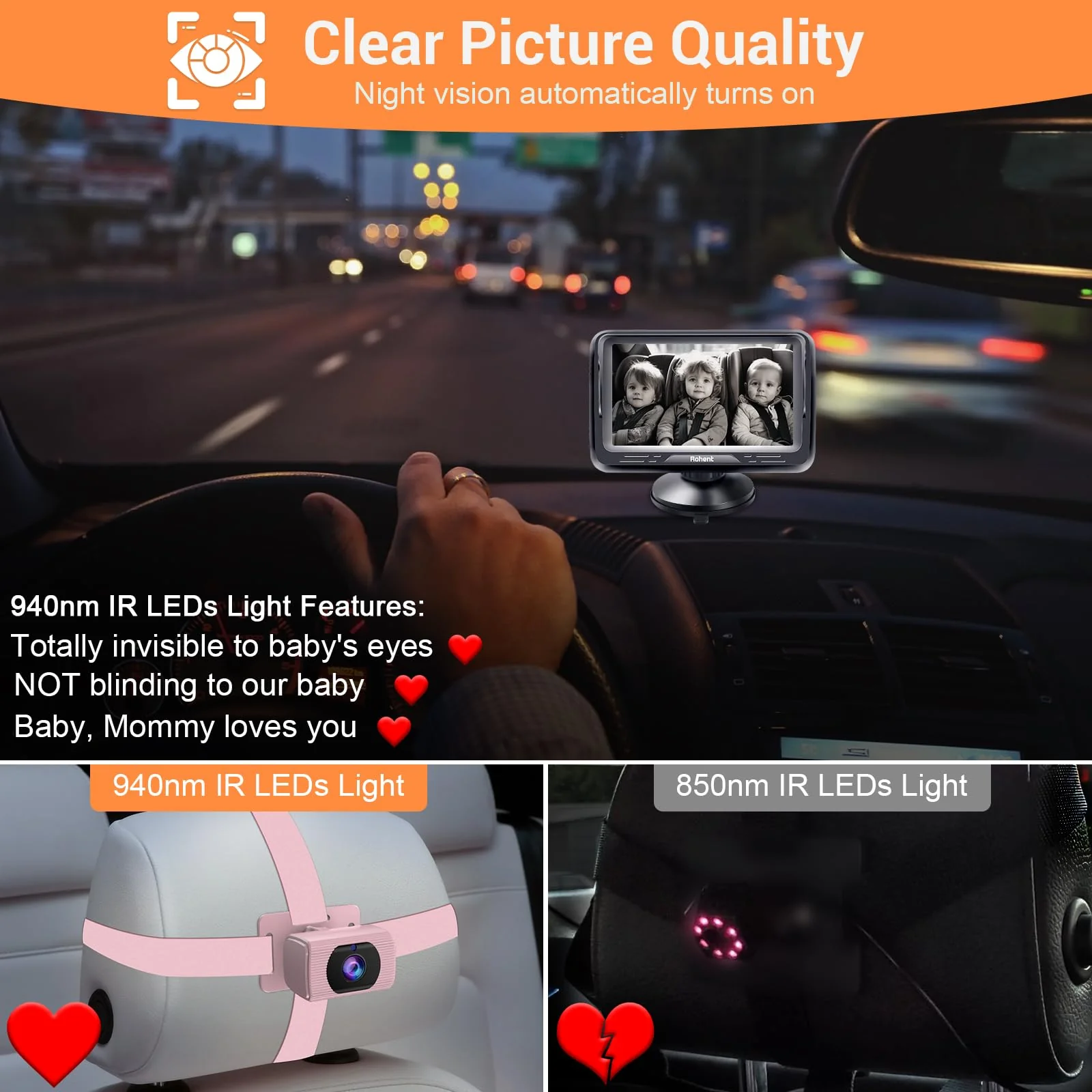 Rohent Car Baby Monitor for Baby Girls - 1080P HD, 360° Adjustable, Night Vision, 150° Wide-Angle Lens, Easy Installation, Perfect for Girls Aged 0-5, Ideal for Parents, Grandparents & Families Pink - Image 2