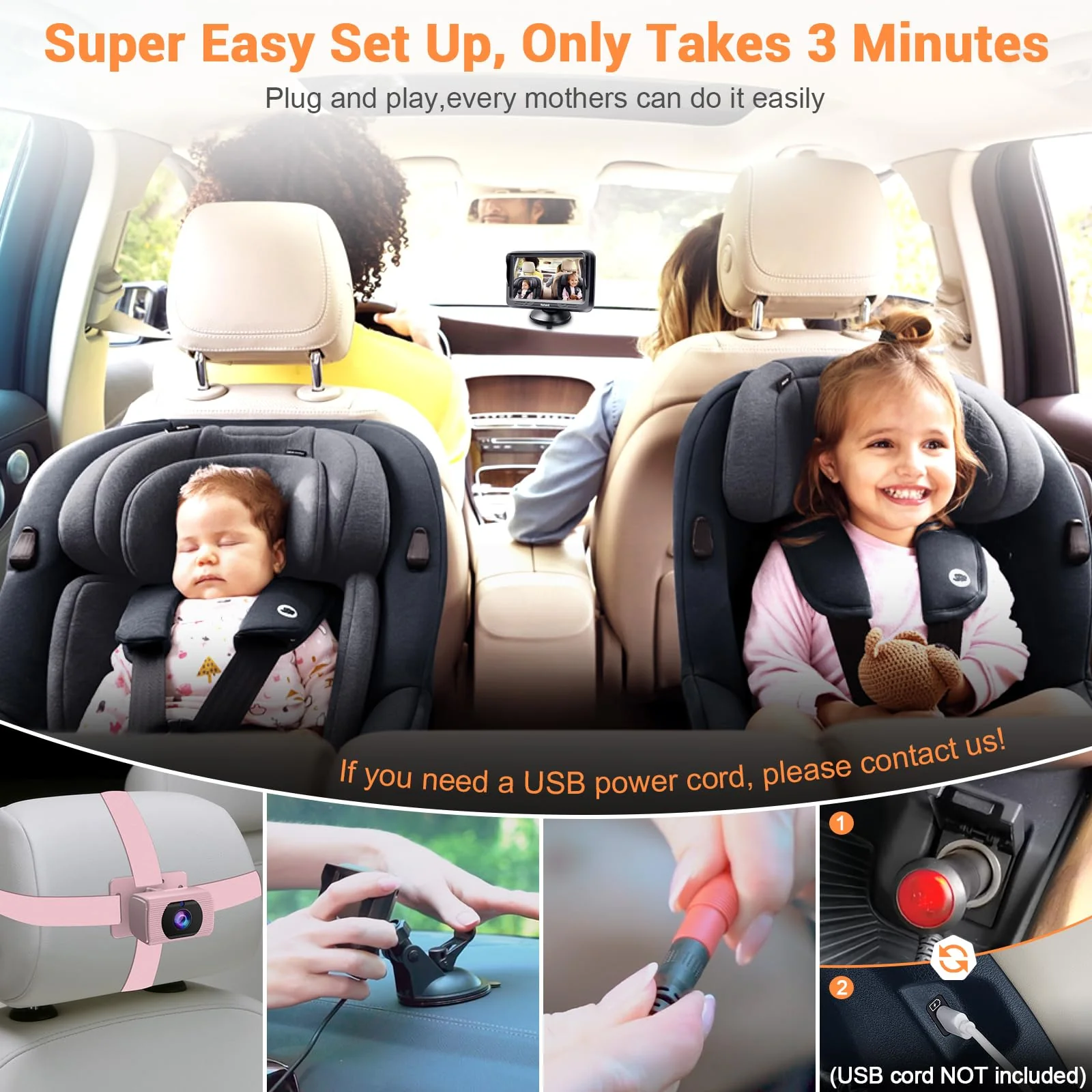 Rohent Car Baby Monitor for Baby Girls - 1080P HD, 360° Adjustable, Night Vision, 150° Wide-Angle Lens, Easy Installation, Perfect for Girls Aged 0-5, Ideal for Parents, Grandparents & Families Pink - Image 4