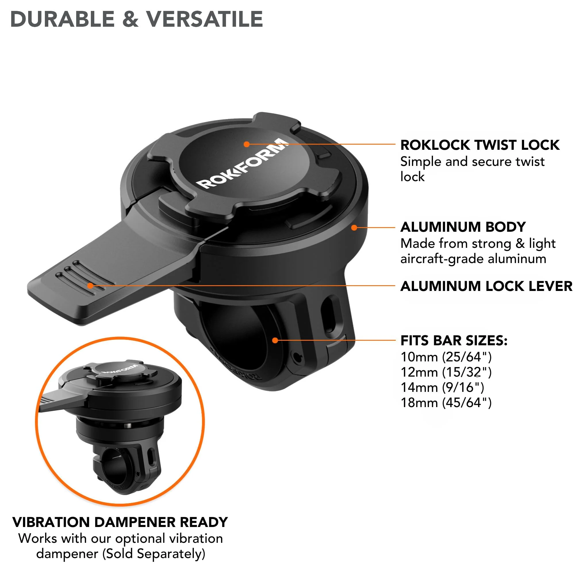 Rokform - Small Bar Mount, Scooter Mirror Mount, for 10mm - 16mm Handlebars, Designed Twist Lock iPhone, Galaxy, Pixel Cases or Universal Adapter (Black) Black - Image 3