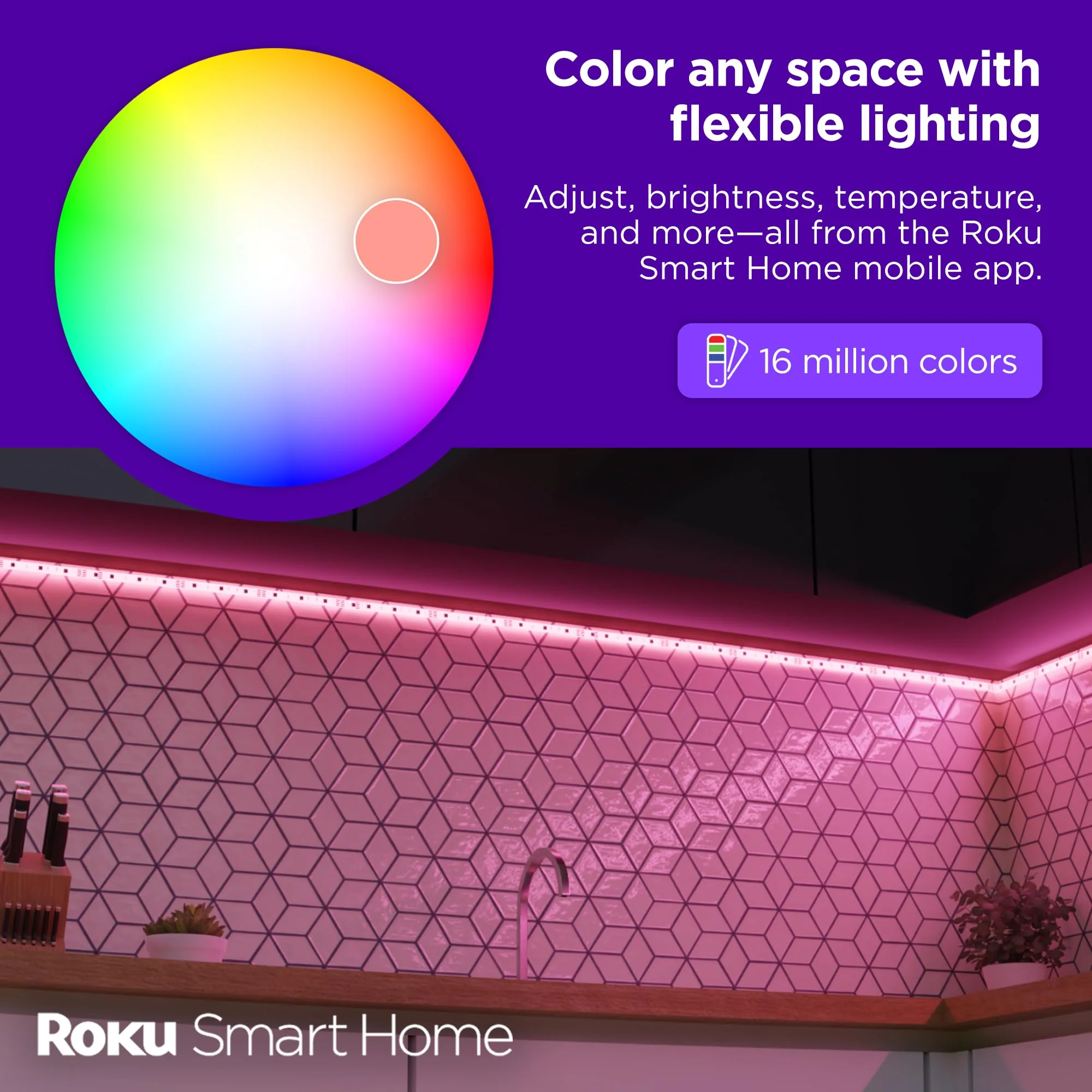 Roku Smart LED Light Strip, 16.4ft - Color Options with Adjustable Brightness & Temperature - Peel & Stick WiFi Smart Strip Lights Works Voice, Alexa & Google Assistant - Smart Home Products - Image 2