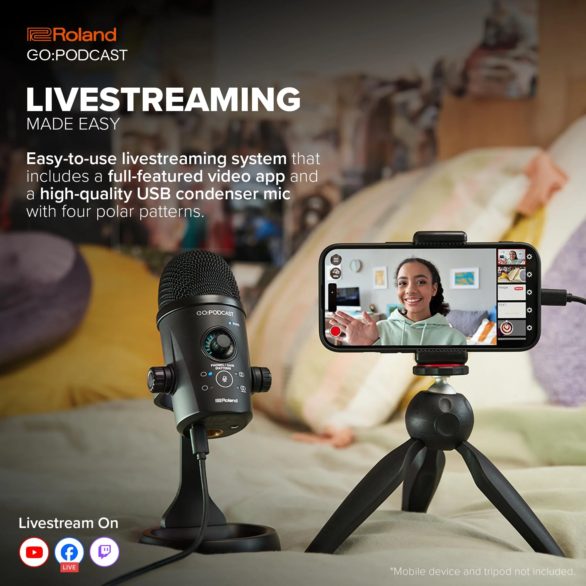 Roland GO:Podcast Video Podcasting Studio for Smartphones | Livestreaming System for Podcasters, Vloggers & More | Intuitive Video App | USB Microphone | Four Polar Patterns - Image 2