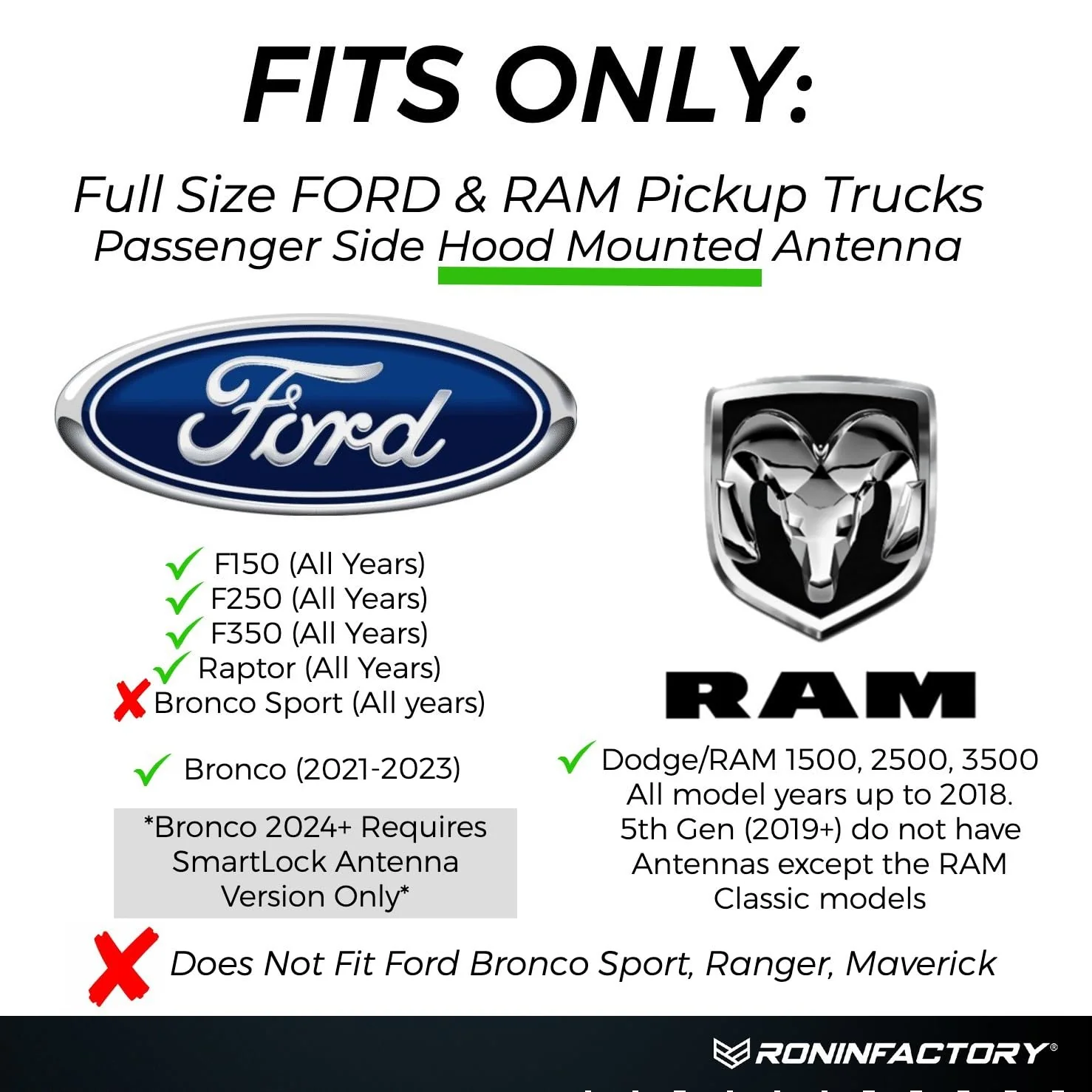 Ronin Factory 50 Cal Bullet Antenna - Ford F150 F250 F350 Super Duty Raptor (Bronco 21-23) Truck Accessory - RAM 1500 Short Antenna Replacement Ford TuffLock Bullet Antenna - Standard - Image 3