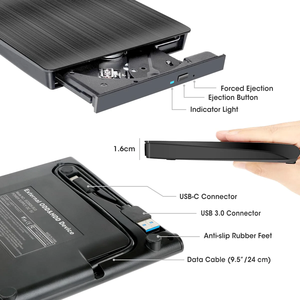 ROOFULL External CD/DVD Drive for Laptop, USB 3.0 & USB-C Portable CD/DVD-RW Player Reader Writer Burner, Optical Disc Drive for Windows 11/10 PC, Mac, MacBook & Linux Computer, Model ECD829-Y 2 In 1 - Image 5