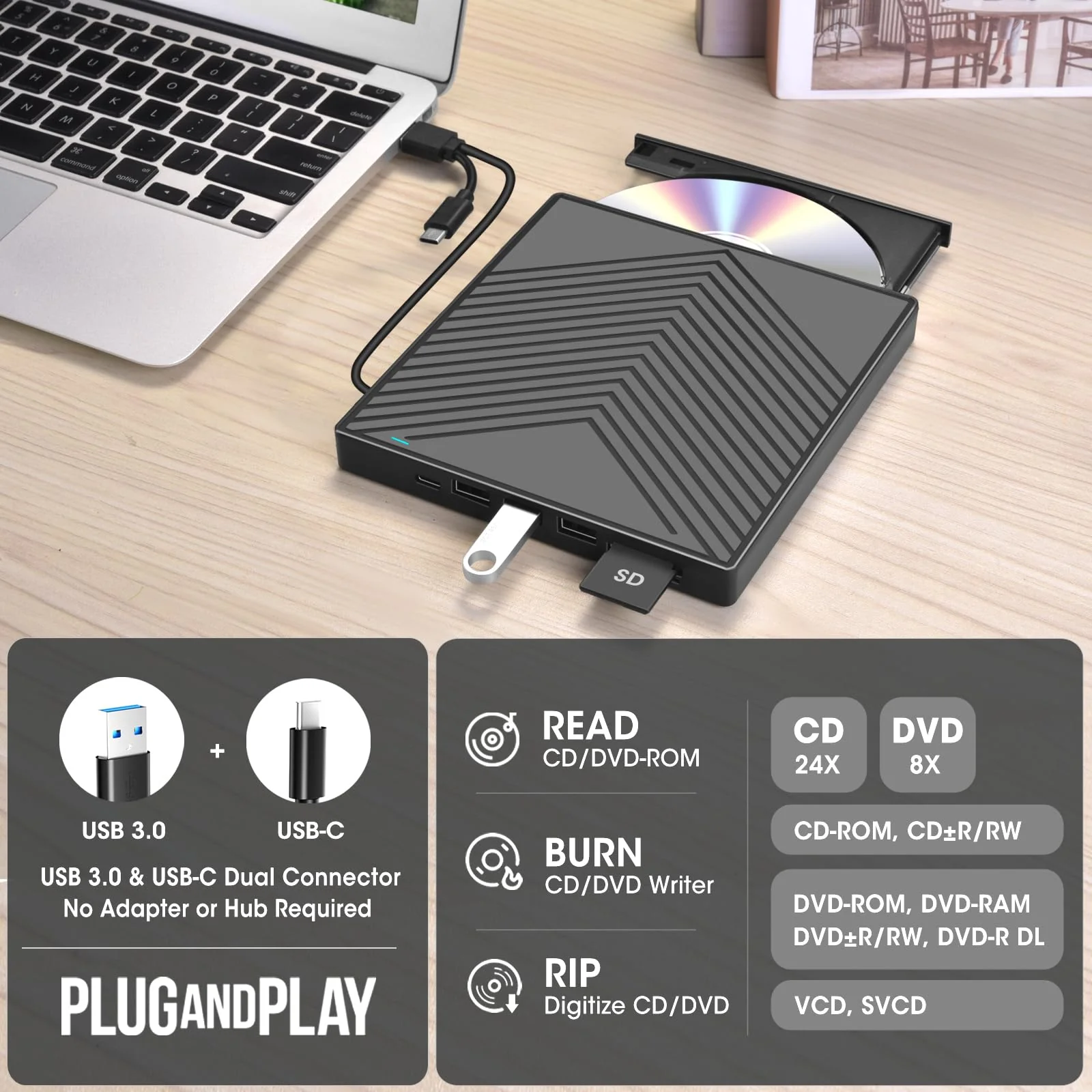 ROOFULL External CD DVD Drive Player Burner USB 3.0 & USB-C Portable CD/DVD-ROM +/-RW Optical Disk Drive with 4 USB Ports + 2 SD/TF Card Reader + Carrying Case for Laptop PC Windows Mac Linux Computer 8 In 1 Drive Ultra Slim with Carrying Case - Image 3