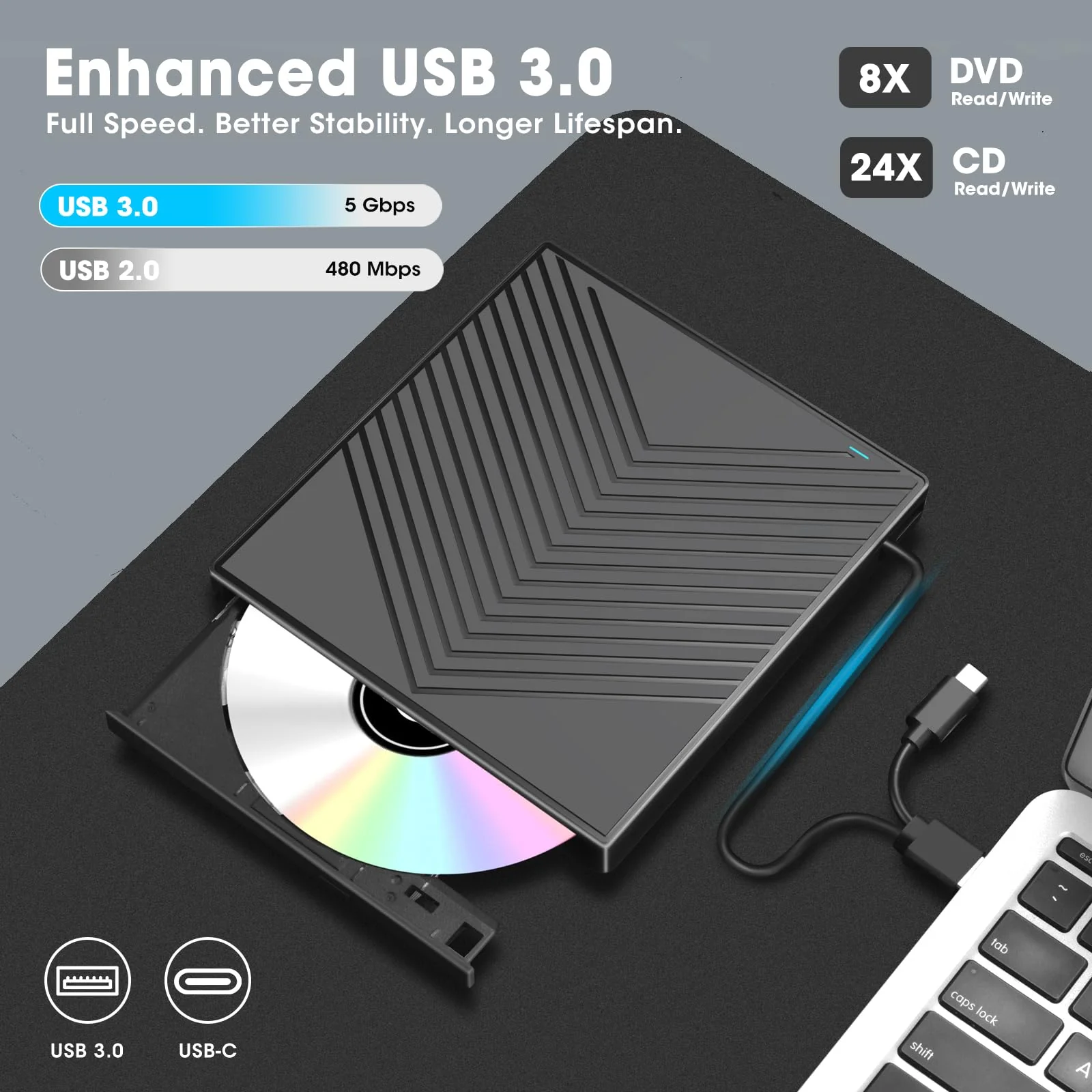 ROOFULL External CD DVD Drive Player Burner USB 3.0 & USB-C Portable CD/DVD-ROM +/-RW Optical Disk Drive with 4 USB Ports + 2 SD/TF Card Reader + Carrying Case for Laptop PC Windows Mac Linux Computer 8 In 1 Drive Ultra Slim with Carrying Case - Image 4
