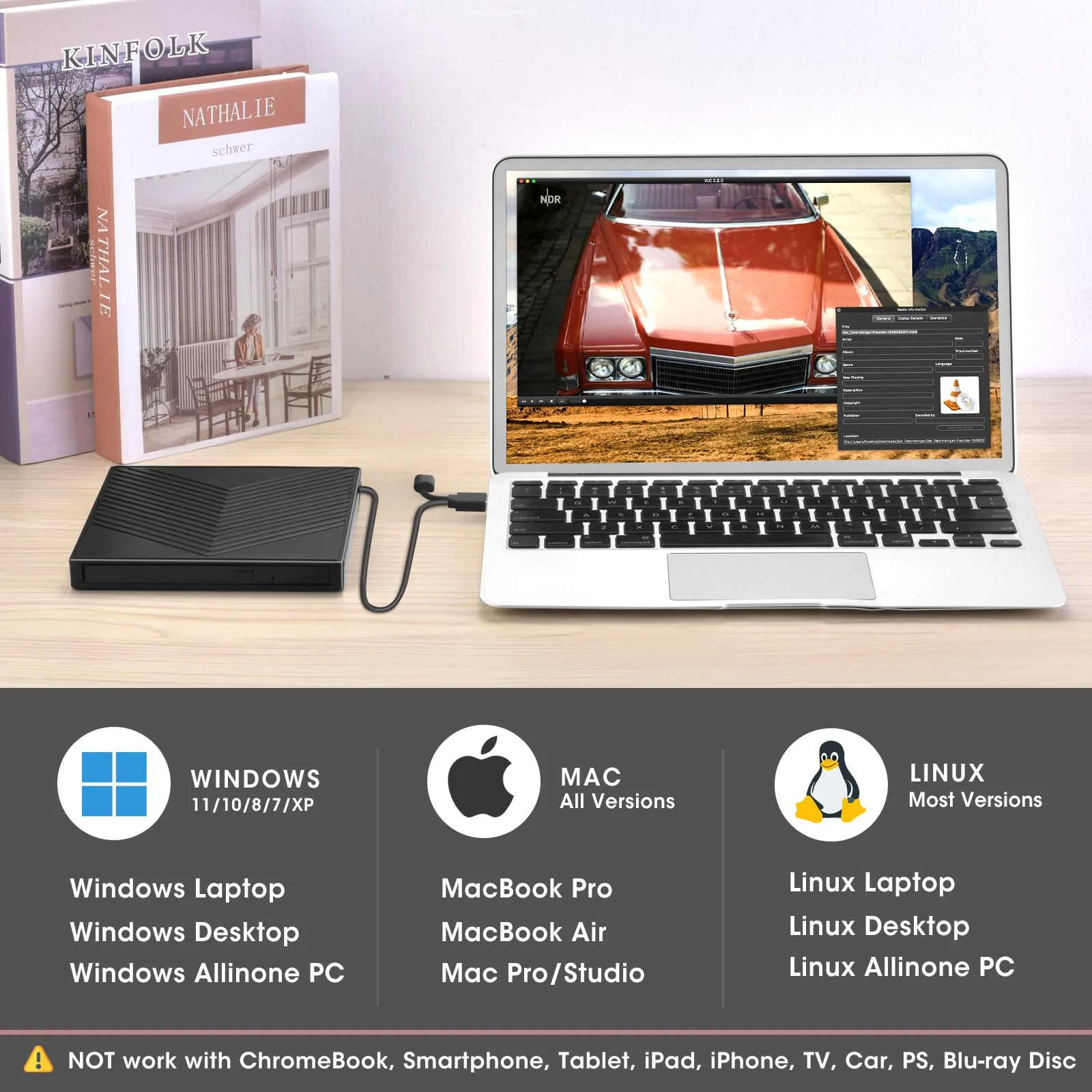 ROOFULL External CD DVD Drive Player Burner USB 3.0 & USB-C Portable CD/DVD-ROM +/-RW Optical Disk Drive with 4 USB Ports + 2 SD/TF Card Reader + Carrying Case for Laptop PC Windows Mac Linux Computer 8 In 1 Drive Ultra Slim with Carrying Case - Image 5