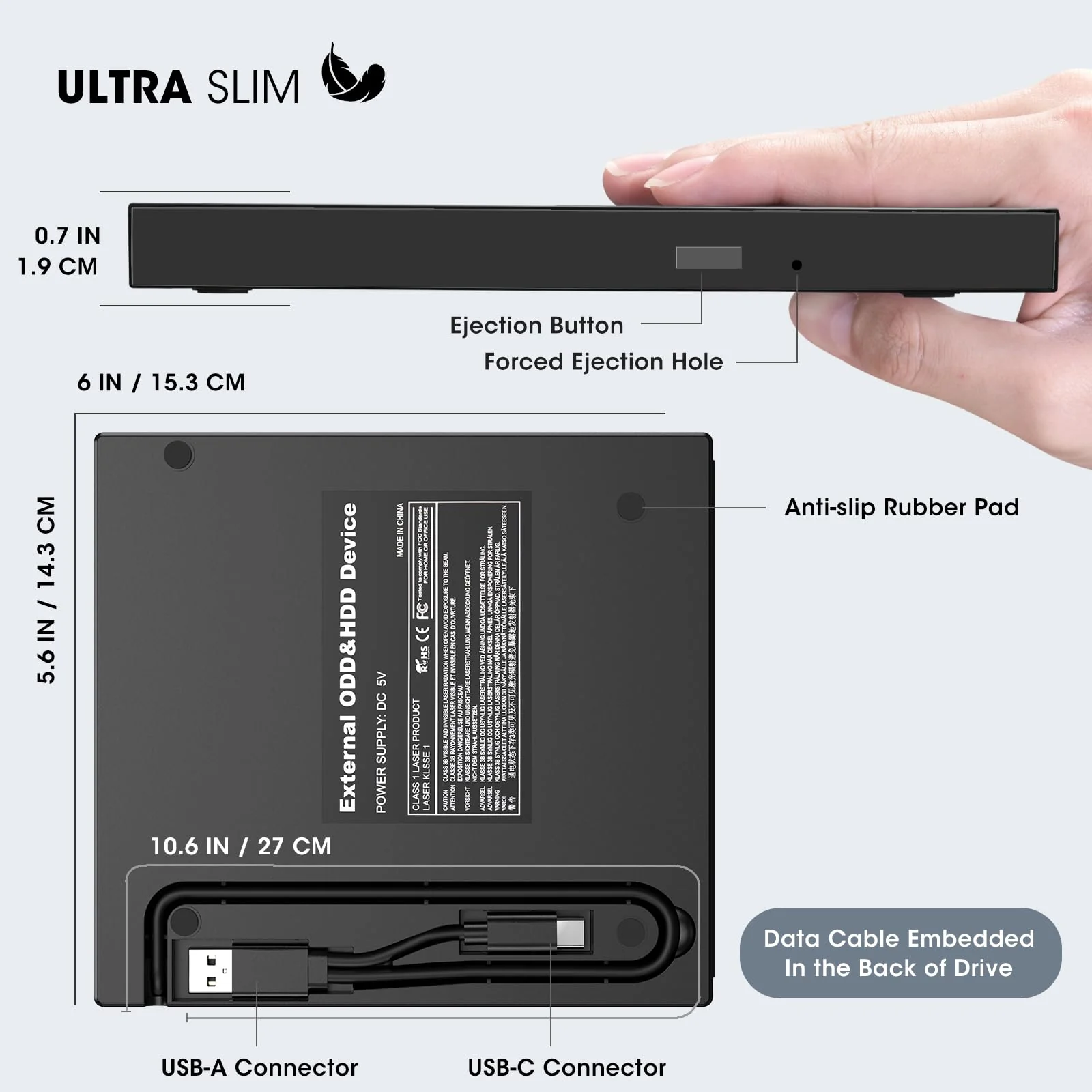 ROOFULL External CD DVD Drive Player Burner USB 3.0 & USB-C Portable CD/DVD-ROM +/-RW Optical Disk Drive with 4 USB Ports + 2 SD/TF Card Reader + Carrying Case for Laptop PC Windows Mac Linux Computer 8 In 1 Drive Ultra Slim with Carrying Case - Image 6