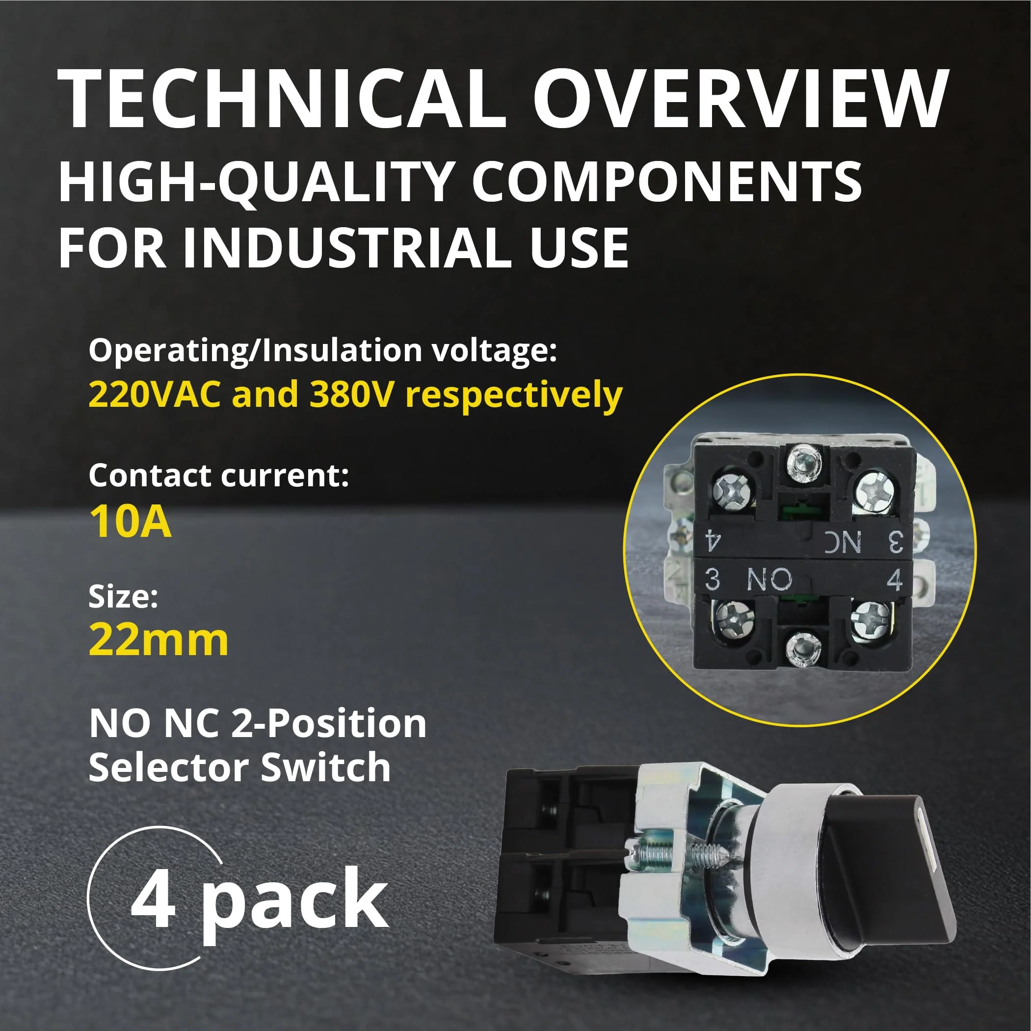 Rotary Switch - 2-Position Selector Switch Maintained - 22mm Mounting Hole - Electric NO NC Latching - 220VAC Voltage and 10A Contact Current - (4 Pack) 4 Pack NO/NC - Image 4