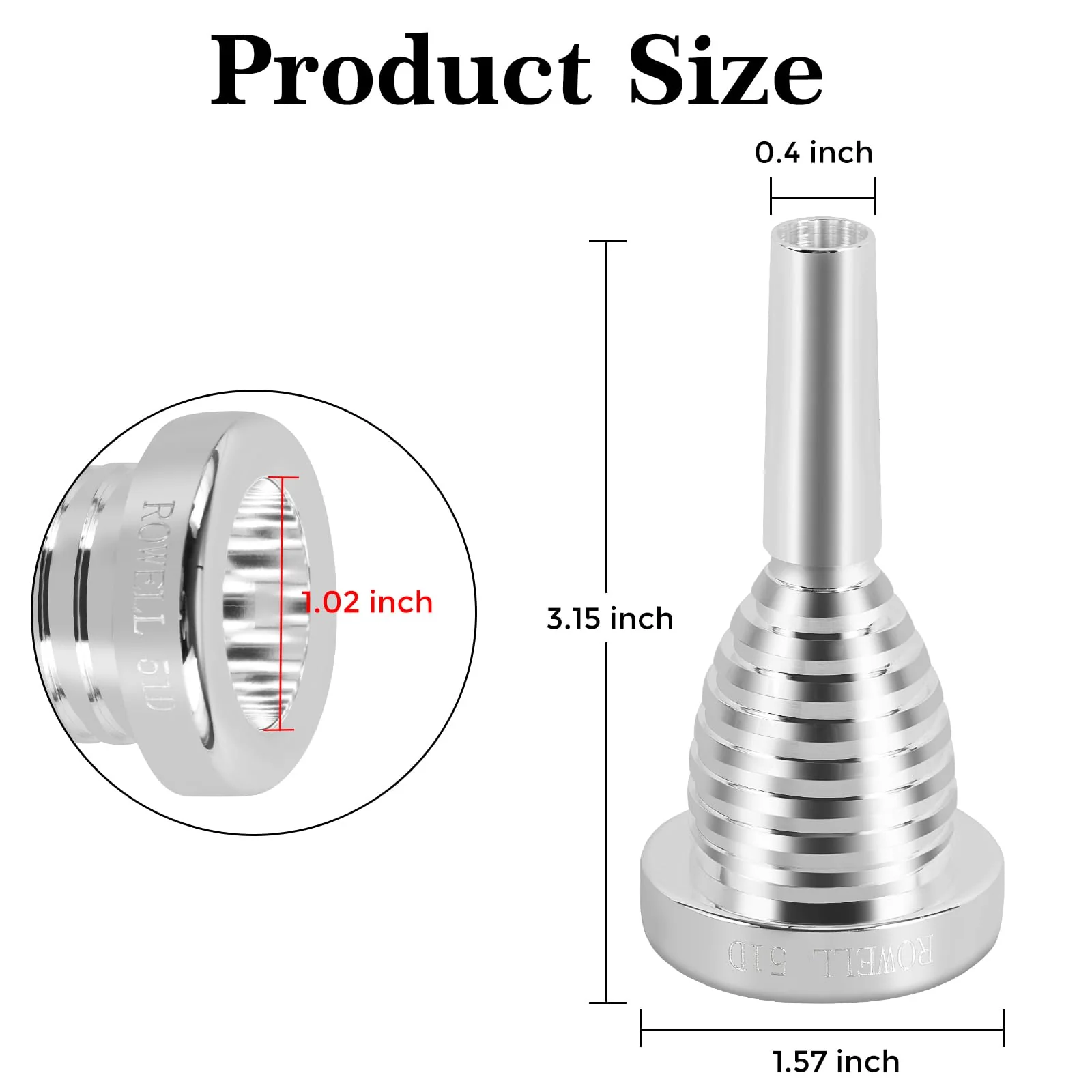 ROWELL 51D Silver Trombone Mouthpiece - Brass, Compatible with Beginners and Professionals, Modern Style, B Flat Instrument - Image 2