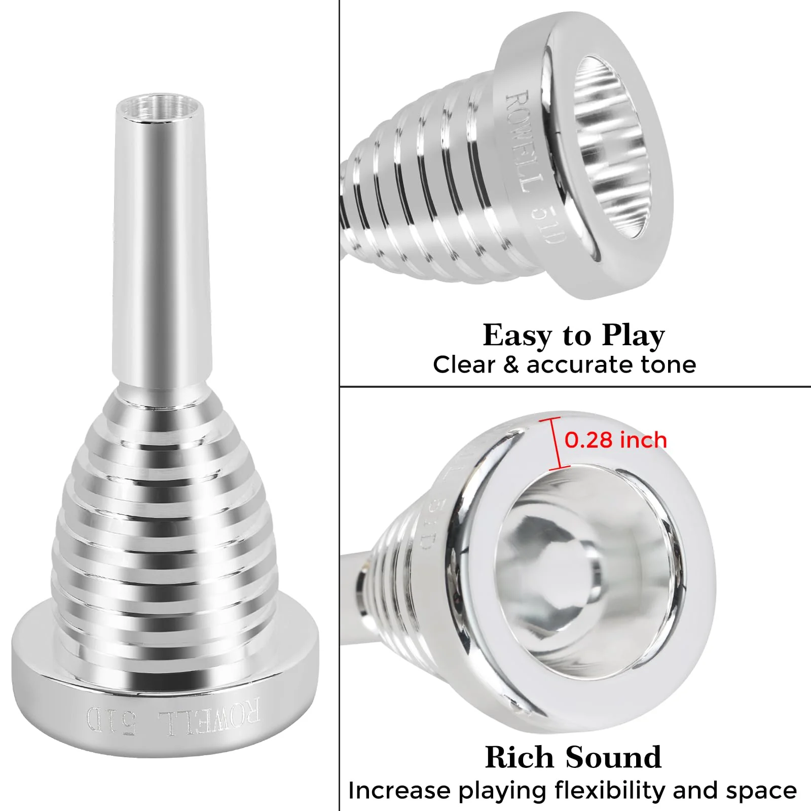 ROWELL 51D Silver Trombone Mouthpiece - Brass, Compatible with Beginners and Professionals, Modern Style, B Flat Instrument - Image 3