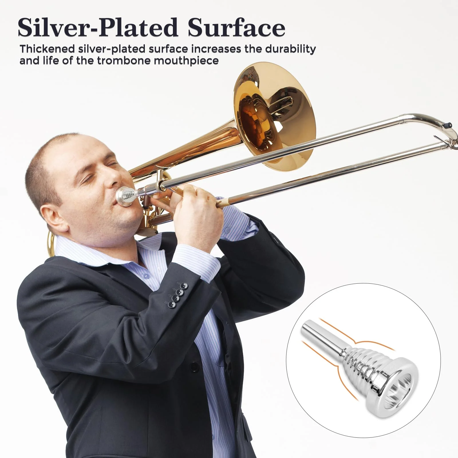 ROWELL 51D Silver Trombone Mouthpiece - Brass, Compatible with Beginners and Professionals, Modern Style, B Flat Instrument - Image 4