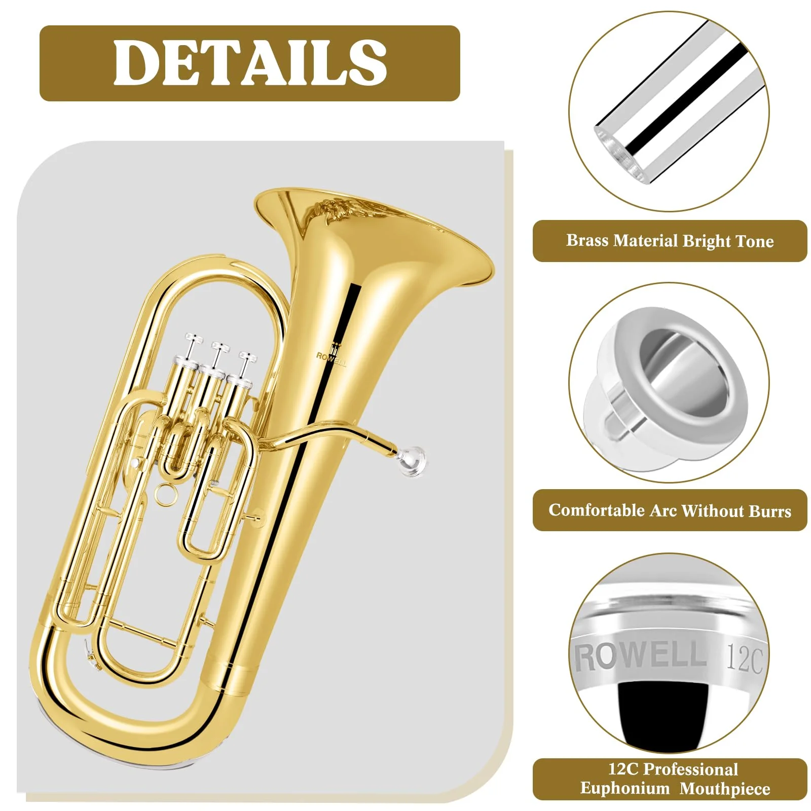 ROWELL Euphonium Mouthpiece 12 C Euphonium Mouthpiece Baritone Mouthpiece Standard Euphonium Mouthpiece Silver-Plated Euphonium Mouthpiece Professional Baritone Euphonium Replacement Mouthpiece - Image 3