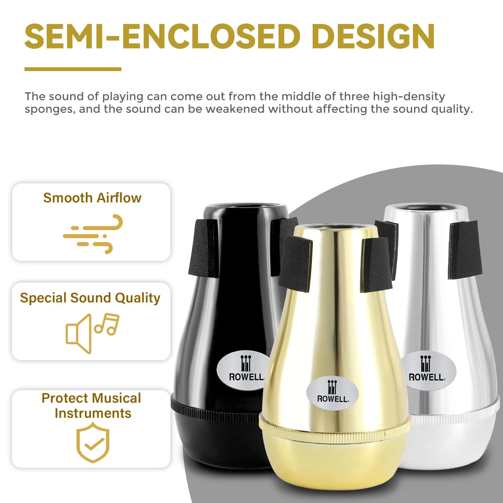 ROWELL Trombone Mute ABS Trombone Mutes Silencer Lightweight Gold Trombone Mute Trombone Mutes with High Density Sponge Interface,Mute for Teaching and Learning Trombone - Image 3